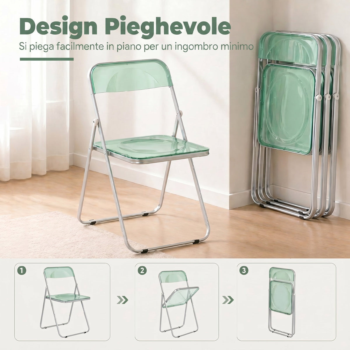 Set da 4 Sedie Pieghevoli in Acrilico Trasparenti, Verde