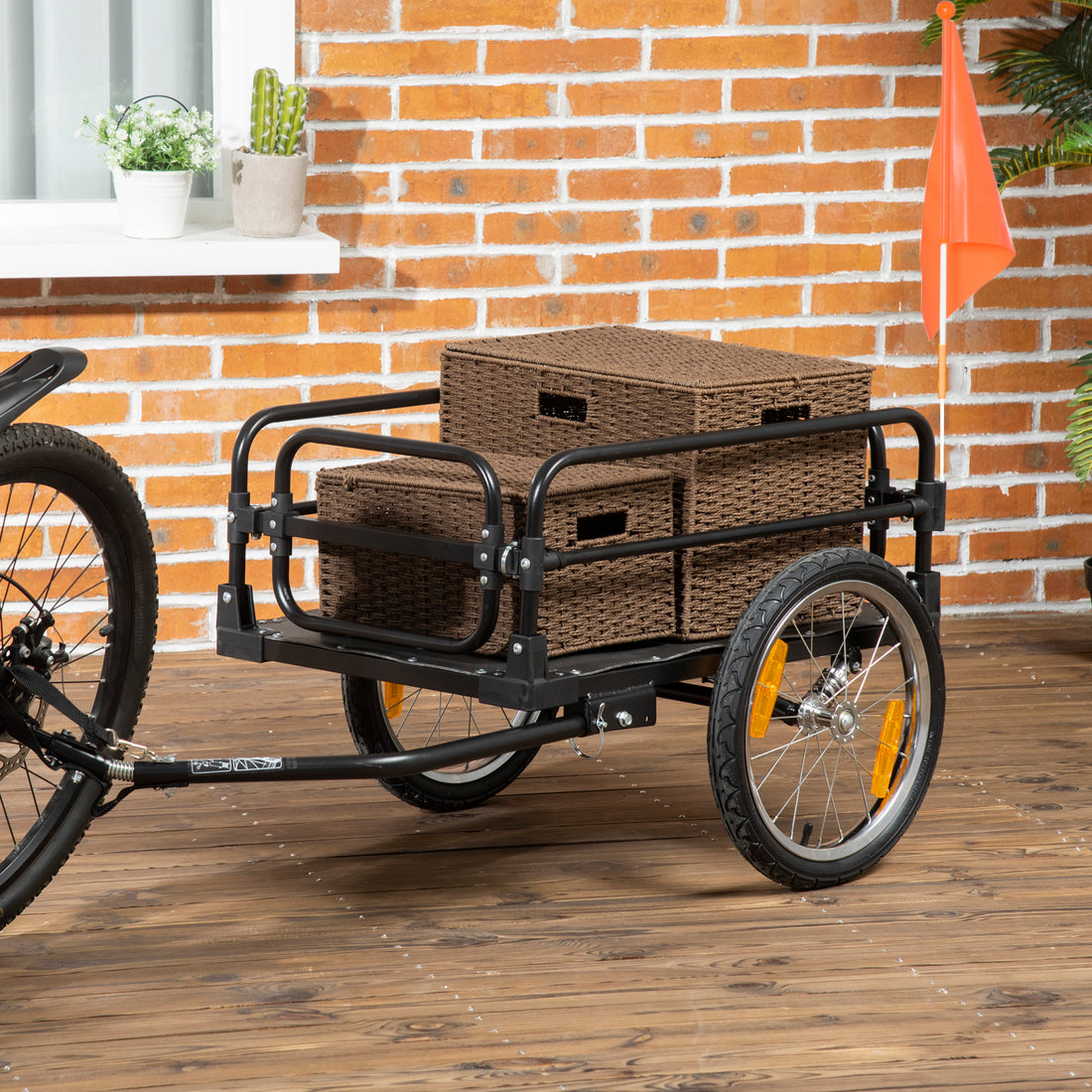 Carrello Bici da 70L con 2 Ruote da 16", 2 Catarifrangenti e Bandierina, in Acciaio e PE, 125x64x53.5 cm, Nero