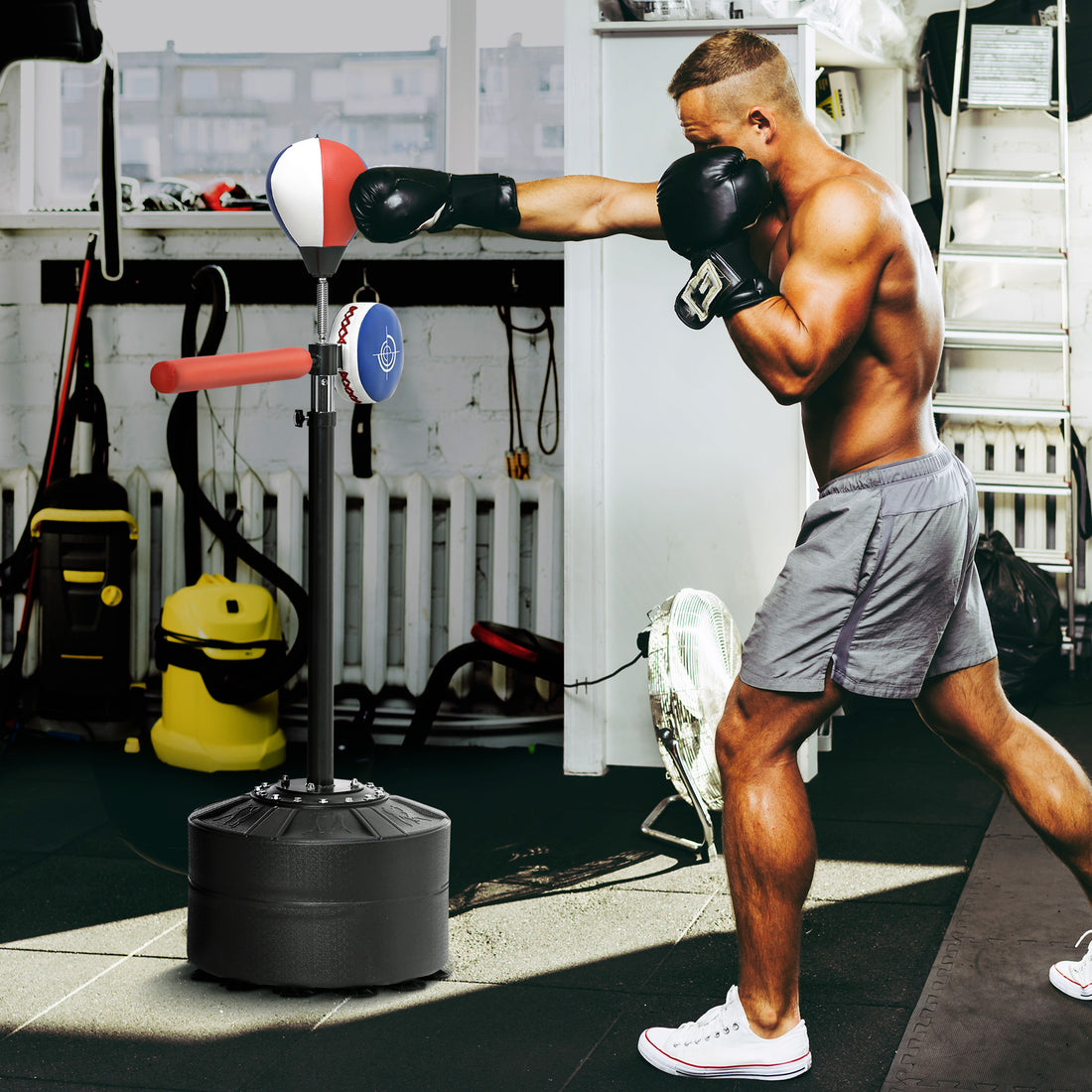 Sacco Boxe da Terra con Barra Girevole, Speedball e Colpitore, in Acciaio, HDPE e PU, 80.5x48x163-205 cm