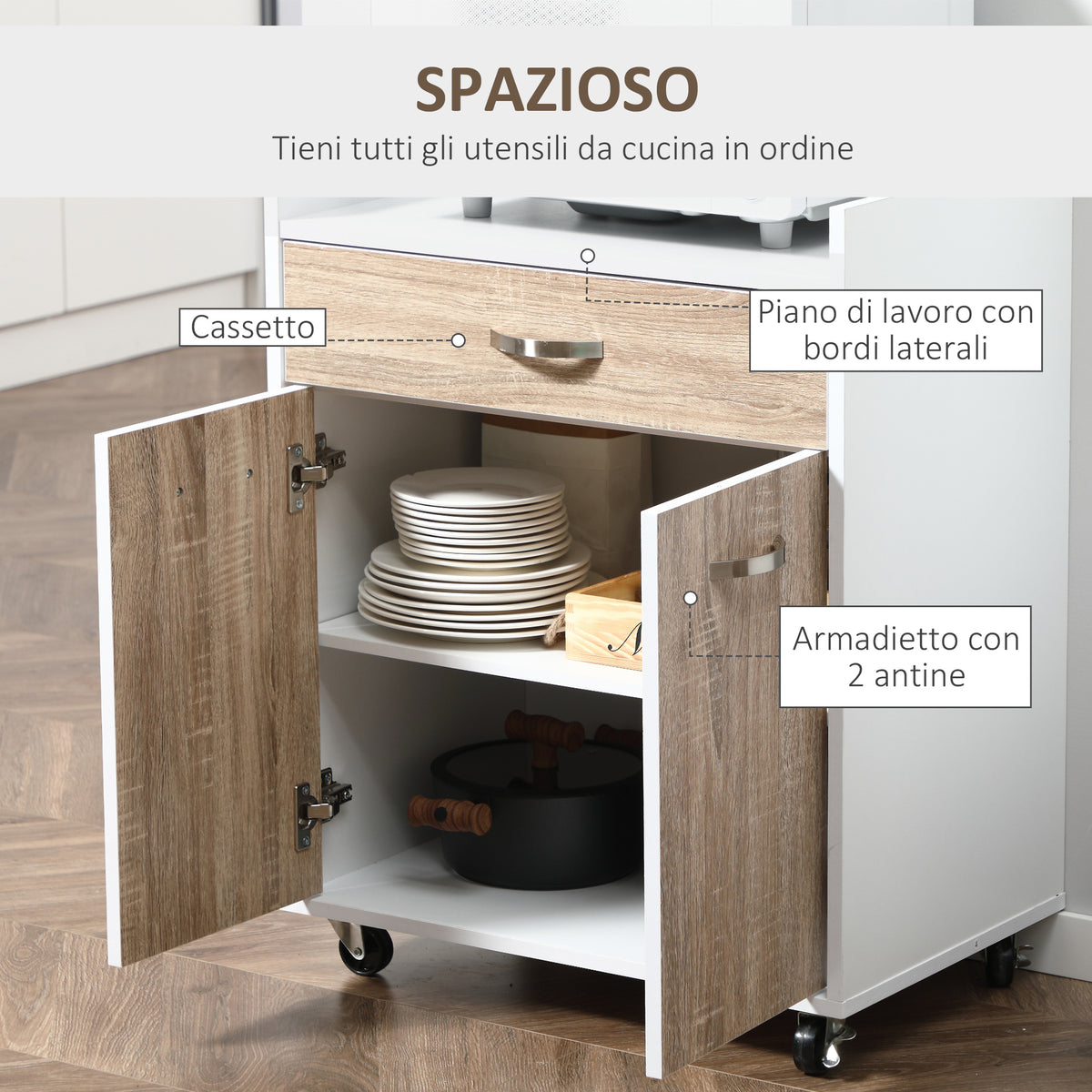 Carrello da Cucina Portavivande per Microonde con 4 Ruote, in Legno, 60x40x77cm - Rovere