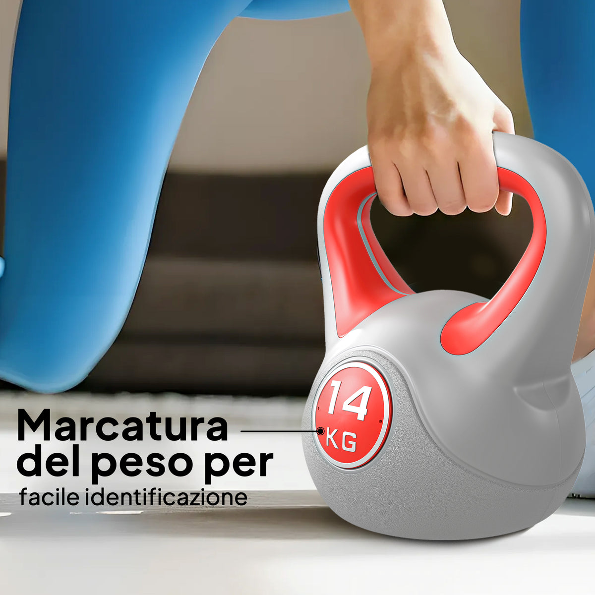 Kettlebell 14kg in PU e Sabbia con Base Piatta e Impugnatura per Stacchi, Squat e Sollevamenti, 26x18x32 cm, Rosso