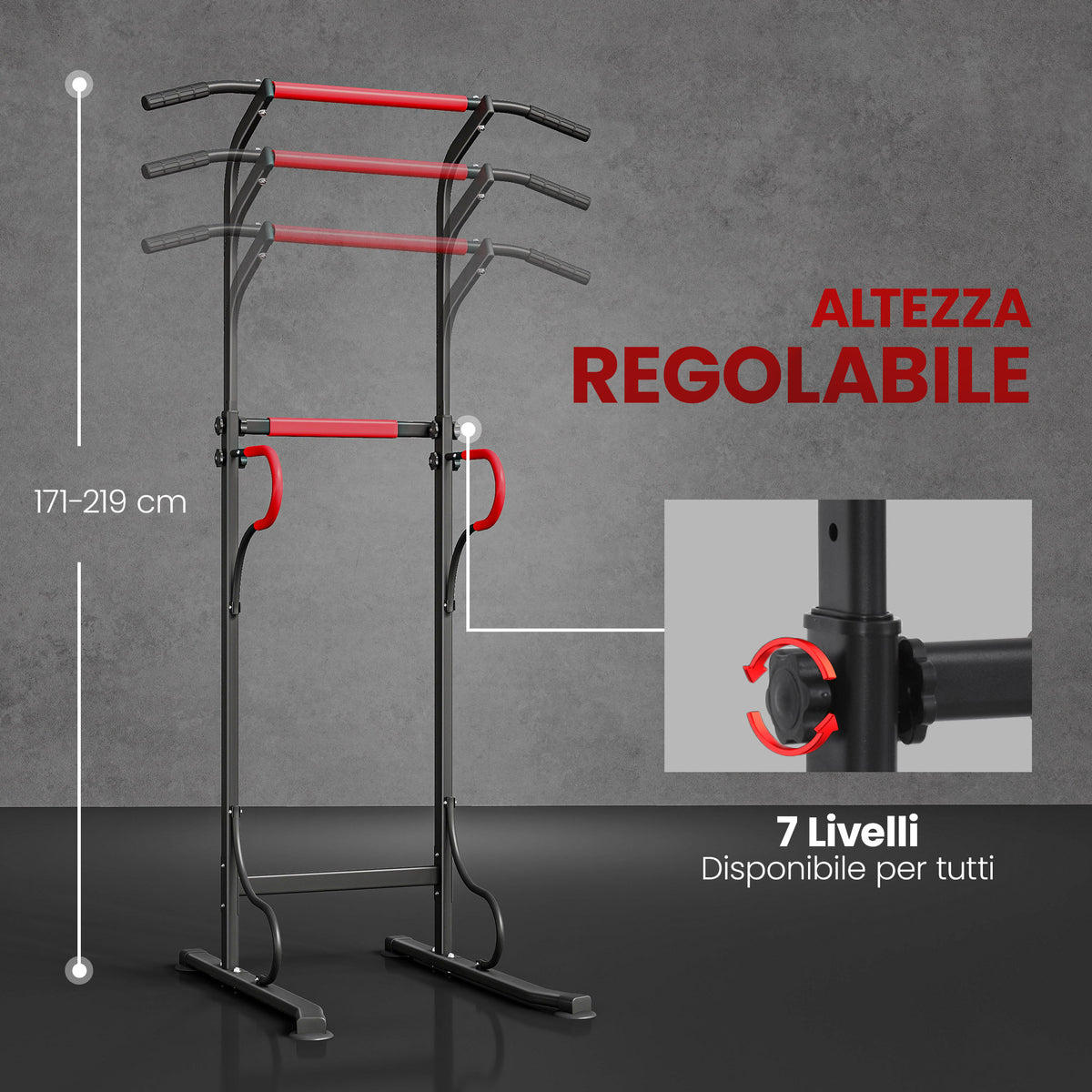 Barra per Trazioni Power Tower Stazione Fitness Multifunzione con Altezza Regolabile 171-219cm Nero Rosso