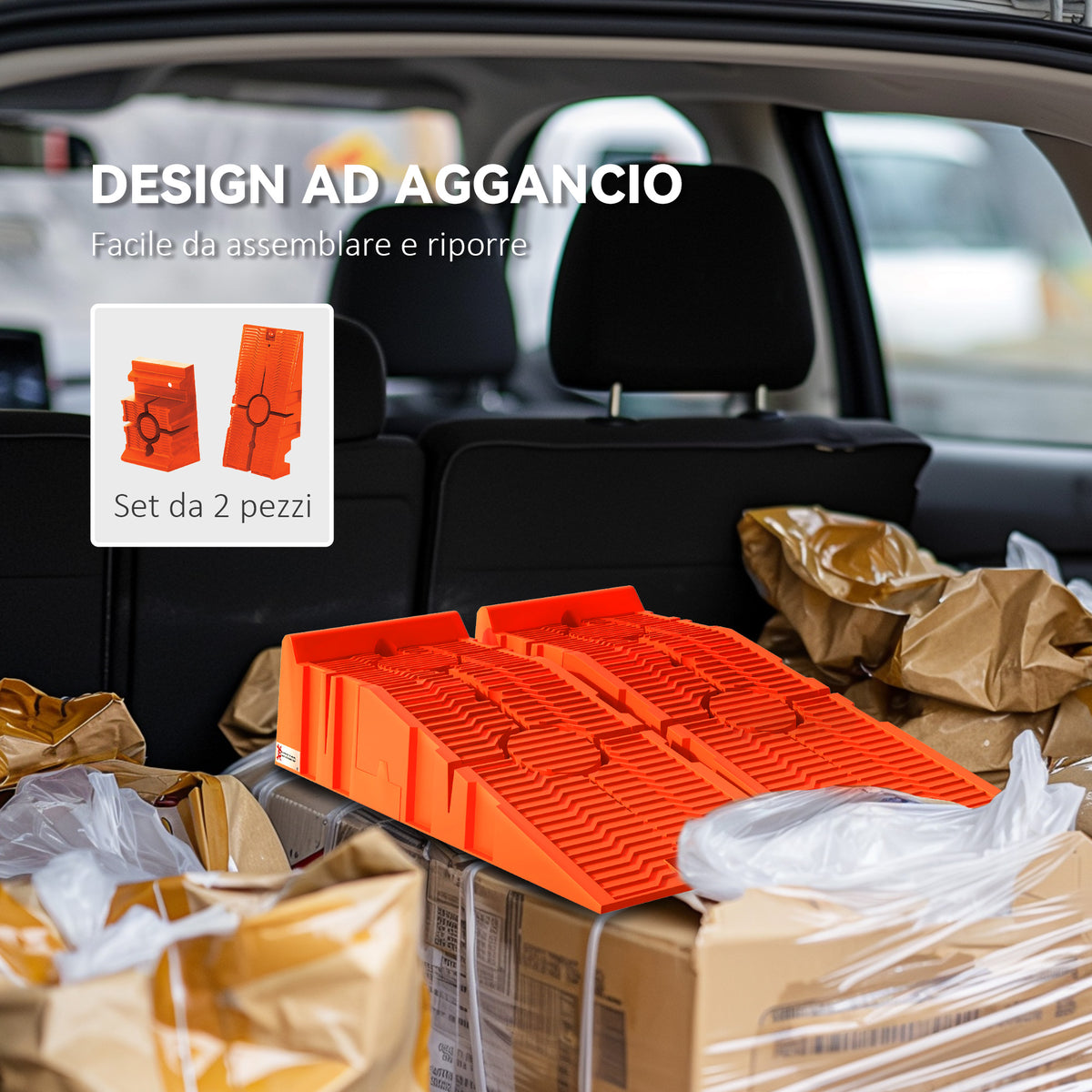 Set 2 Rampe per Auto in Plastica con Carico Massimo 5 Tonnellate, 91x30x21 cm, Arancione