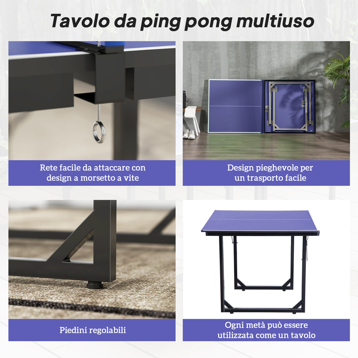 Tavolo da Ping Pong Pieghevole per Interni, Tavolo Ping Pong con Rete, Montaggio Non Richiesto, 182x91 cm, Blu e Viola
