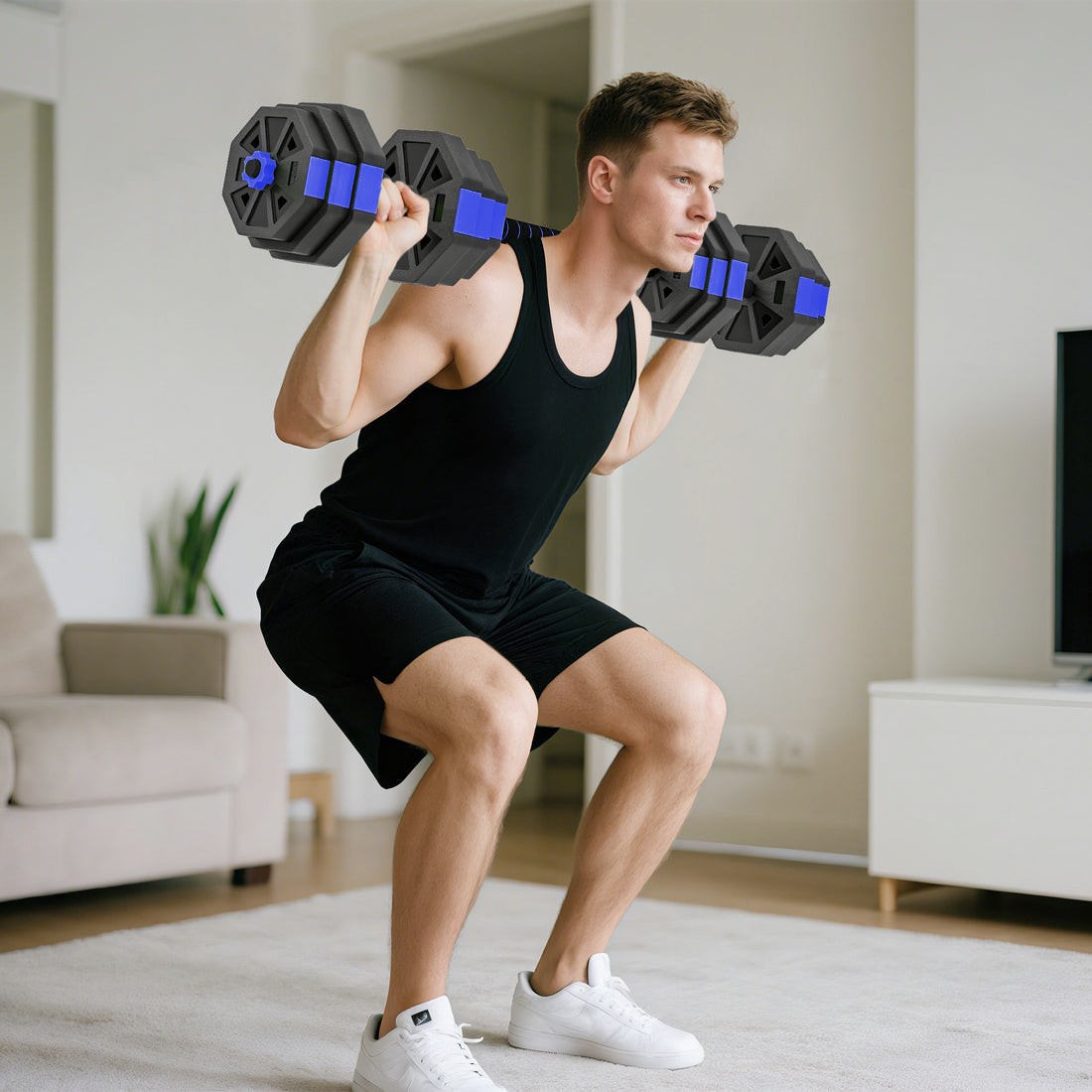 Set Pesi da Palestra 6 in 1 in Plastica e Sabbia Utilizzabile come Kettlebell Manubri Bilanciere Supporto Blu