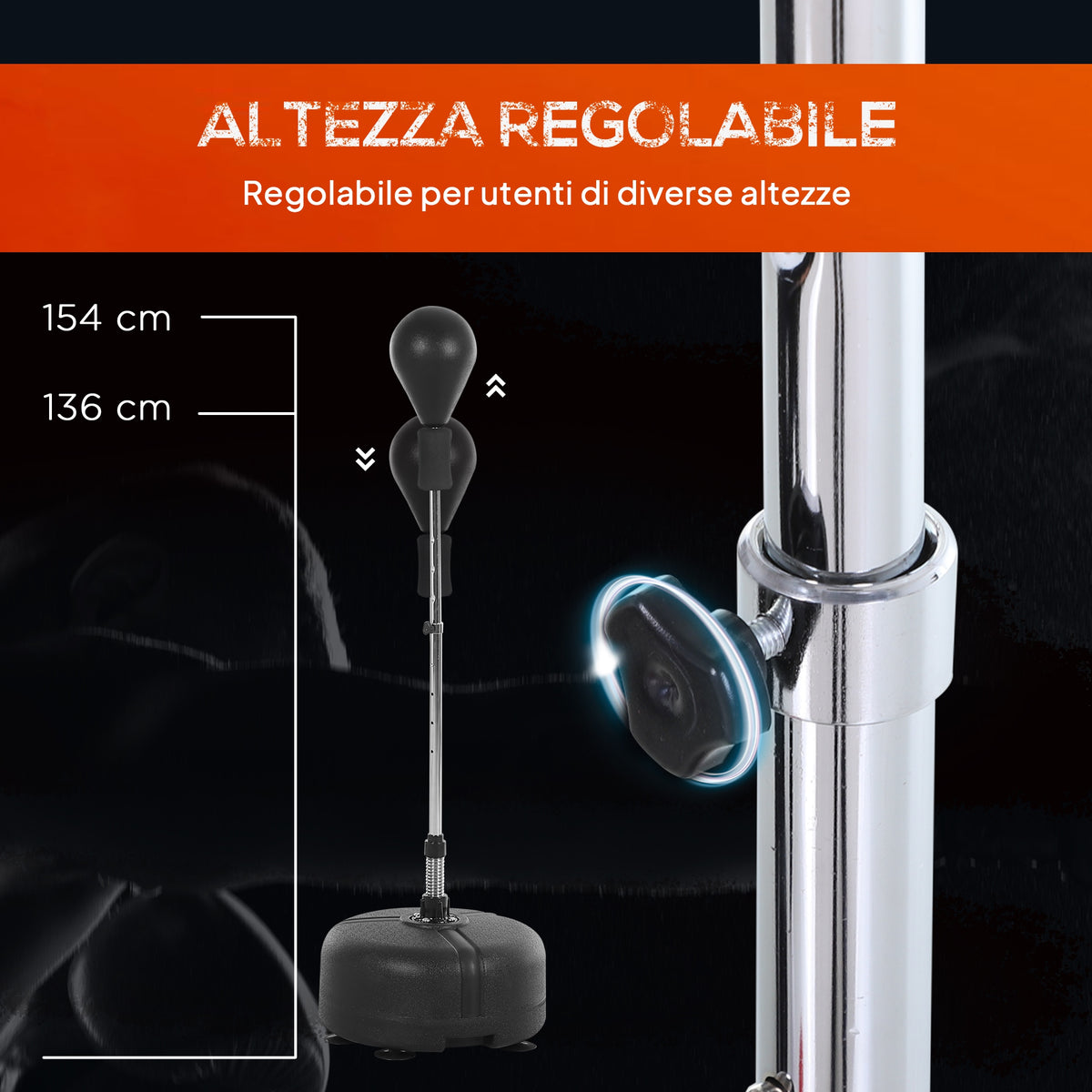 Punching Ball da Terra, Sacco da Boxe da Terra con Base Riempibile, Ventose e Guantoni, Altezza Regolabile 4 Livelli da 136-154 cm, Speed Bag per Home Gym Casa e Palestra, Nero