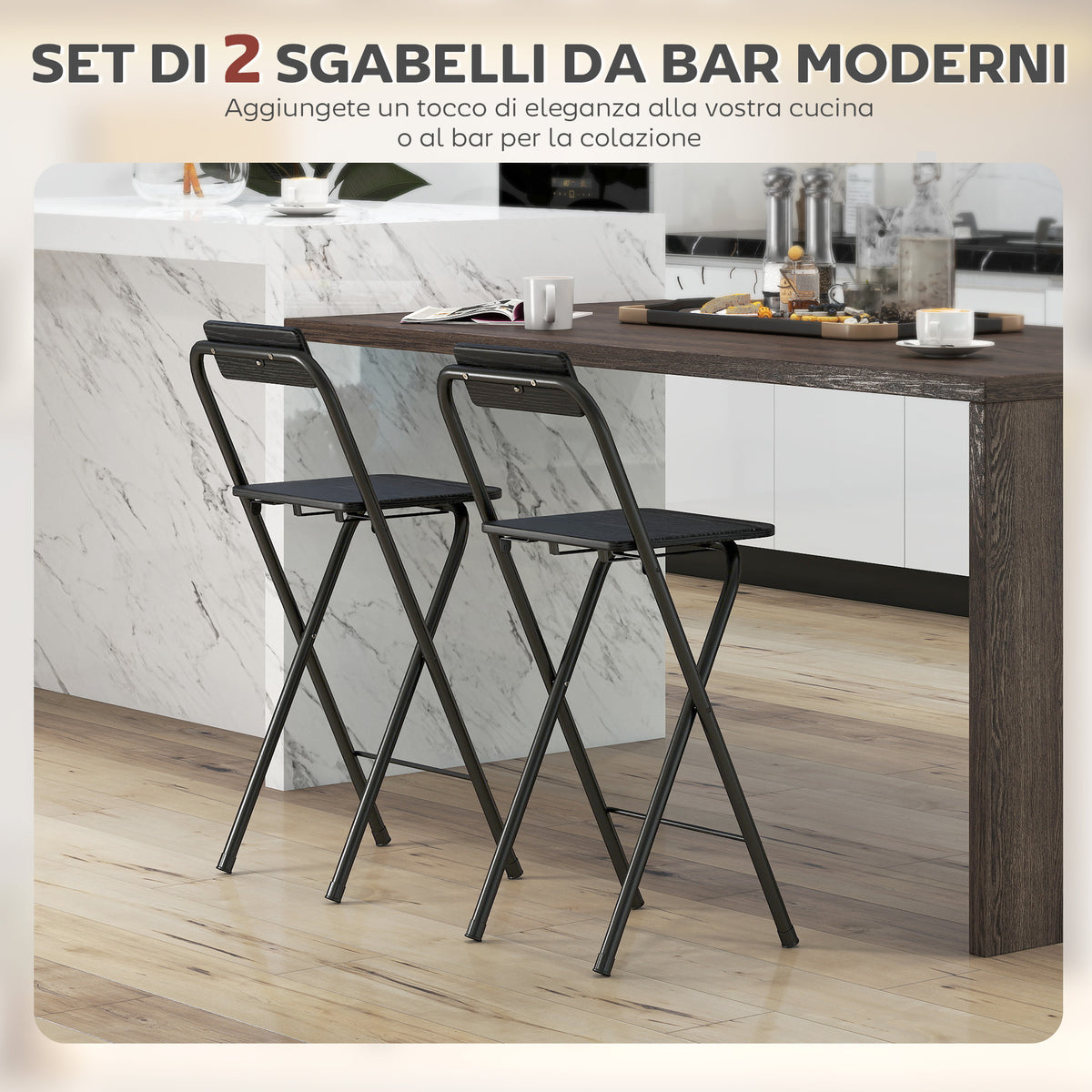 Set 2 Sgabelli da Bar Pieghevoli con Poggiapiedi, in Legno e Acciaio, 37x45x87 cm, Nero