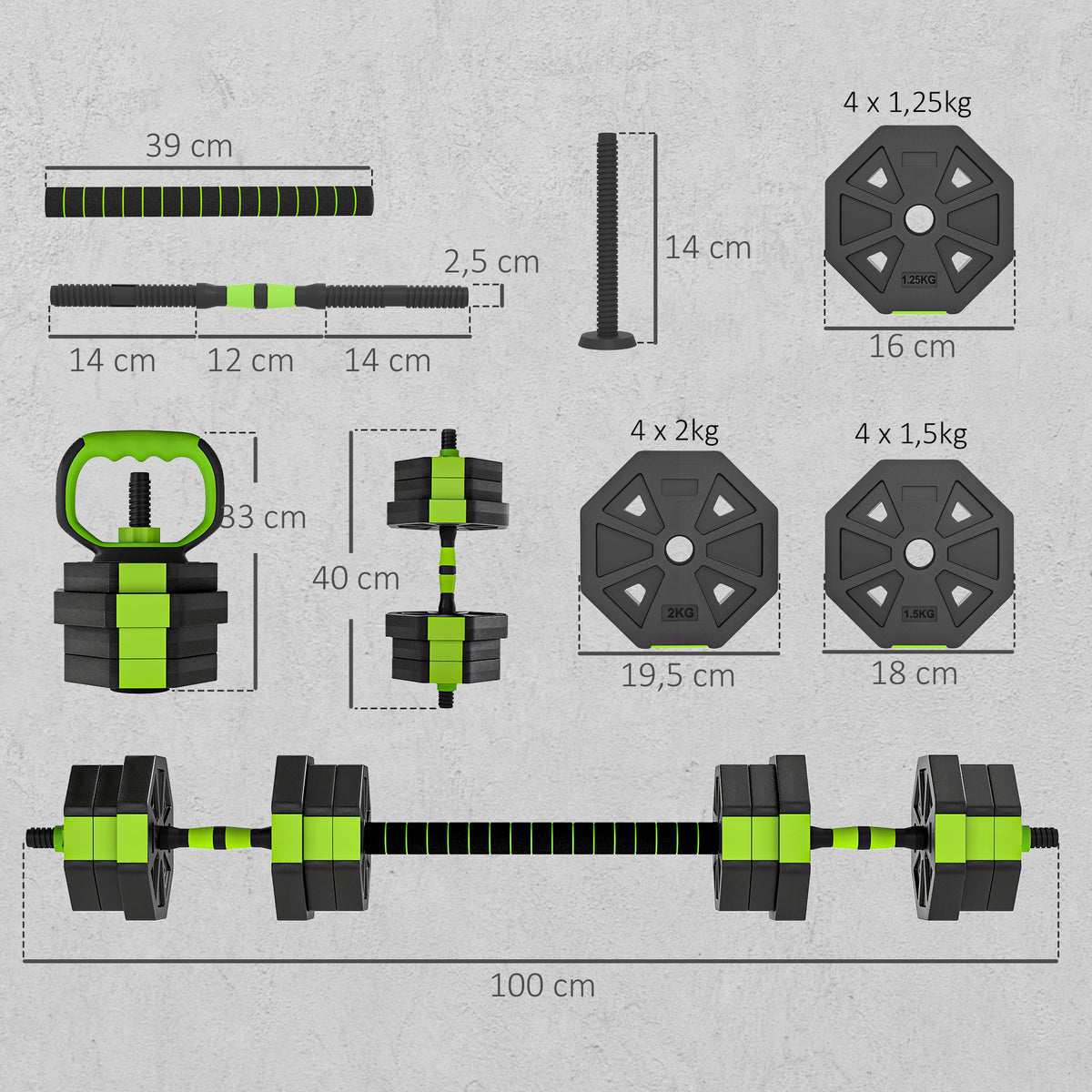 Set Pesi Palestra 6 in 1 Multifunzione da 20kg Totali in Plastica e Sabbia, 125x18x18 cm, Verde
