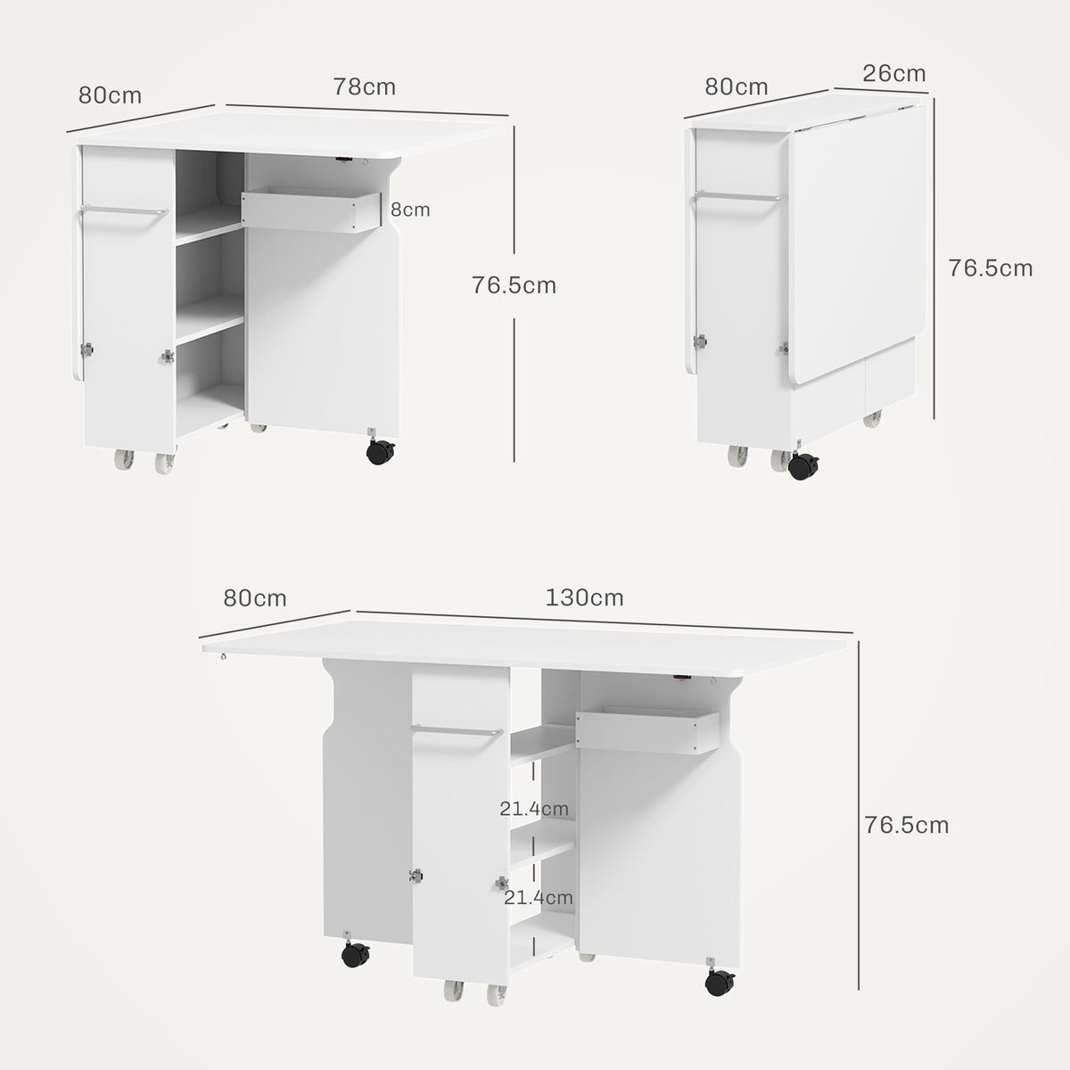 Tavolo a Ribalta Pieghevole con Ripiani a 3 Livelli, Box e Rotelle, in MDF, 130x80x76.5 cm, Bianco