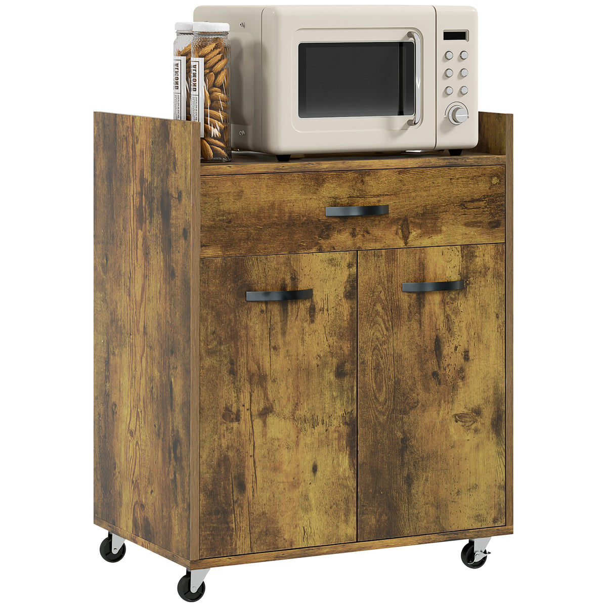 Carrello da Cucina con Cassetto, Armadietto e 4 Ruote in Legno, 60x40x77cm, Marrone Rustico