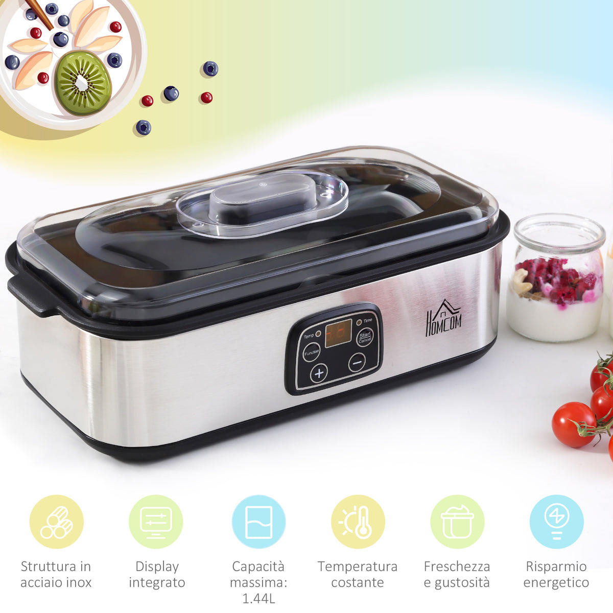 Yogurtiera Elettrica 25W con 8 Vasetti Inclusi, Timer 1-48 Ore e Temperatura Regolabile 20-50C, 36x18.8x14cm, Argento