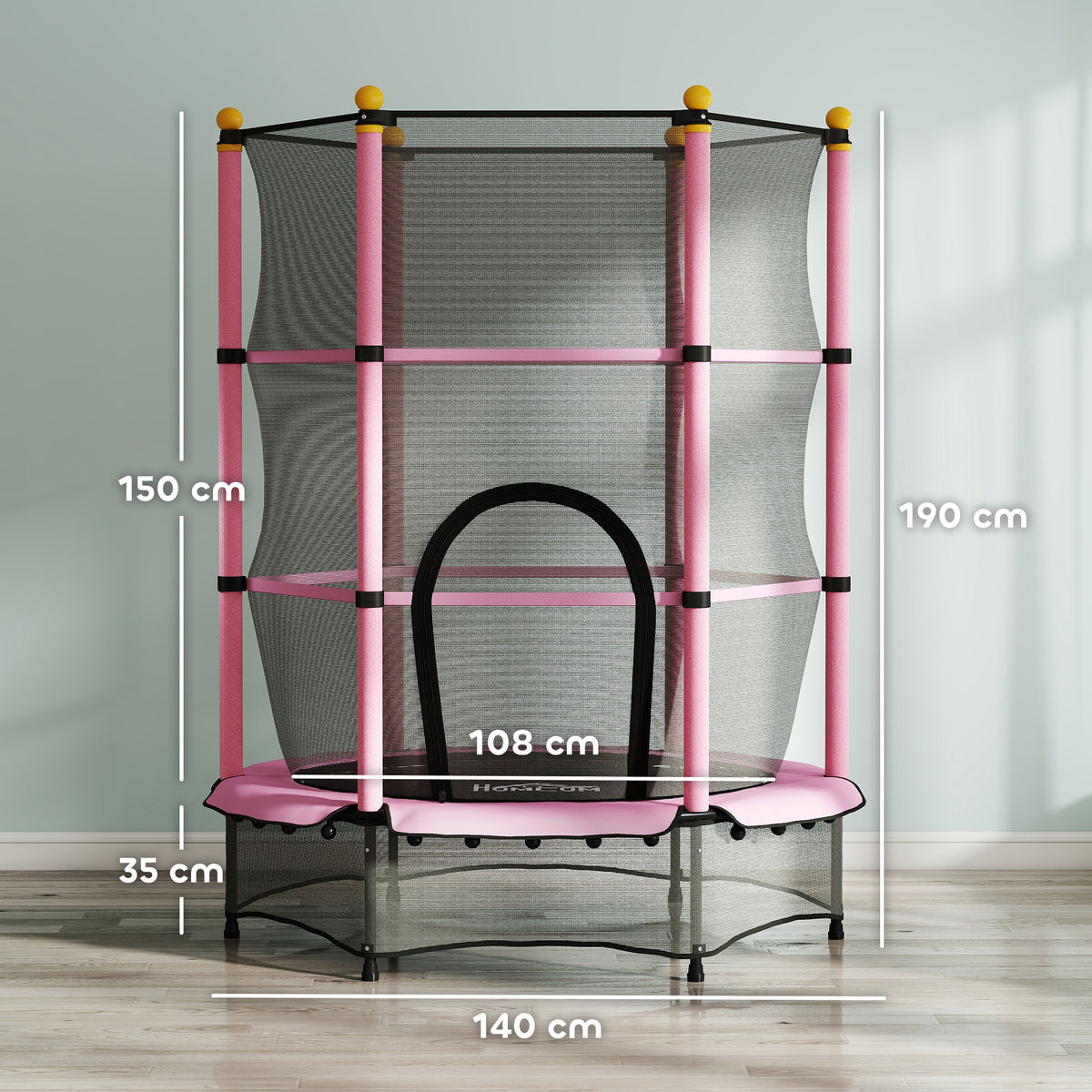 Tappeto Elastico per Bambini con Rete di Sicurezza e Pali Imbottiti Età 3-10 Anni, 140 x 190 cm, Rosa