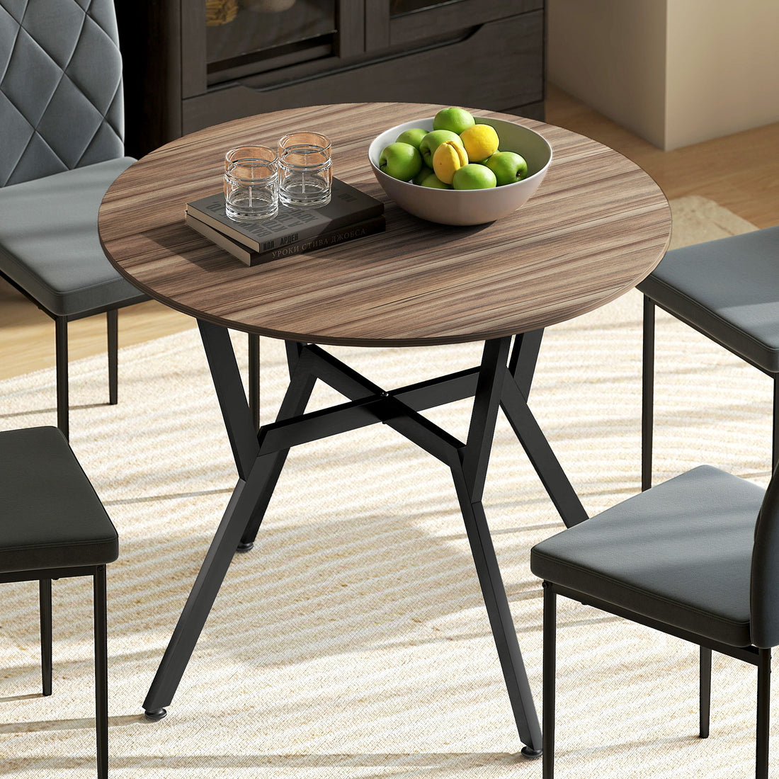 Tavolo Rotondo da Soggiorno per 2 Persone con Sostegno a X, in Legno e Acciaio, 90x76 cm, Nero e Marrone