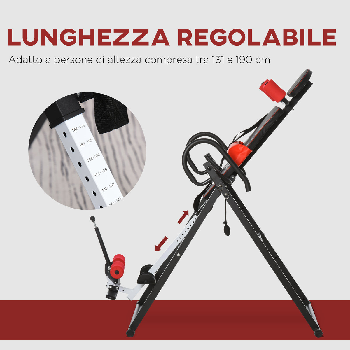 Panca a Inversione con Angolo e Altezza Regolabile e Poggiatesta, in Acciaio e Plastica, 79x114x153 cm, Rosso e Nero