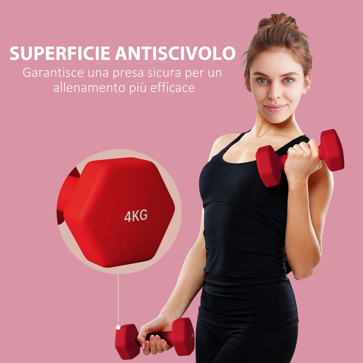 Set 2 Manubri Esagonali da 2x4 kg in Metallo e Plastica con Impugnatura Antiscivolo, 19x9x9 cm, Rosso