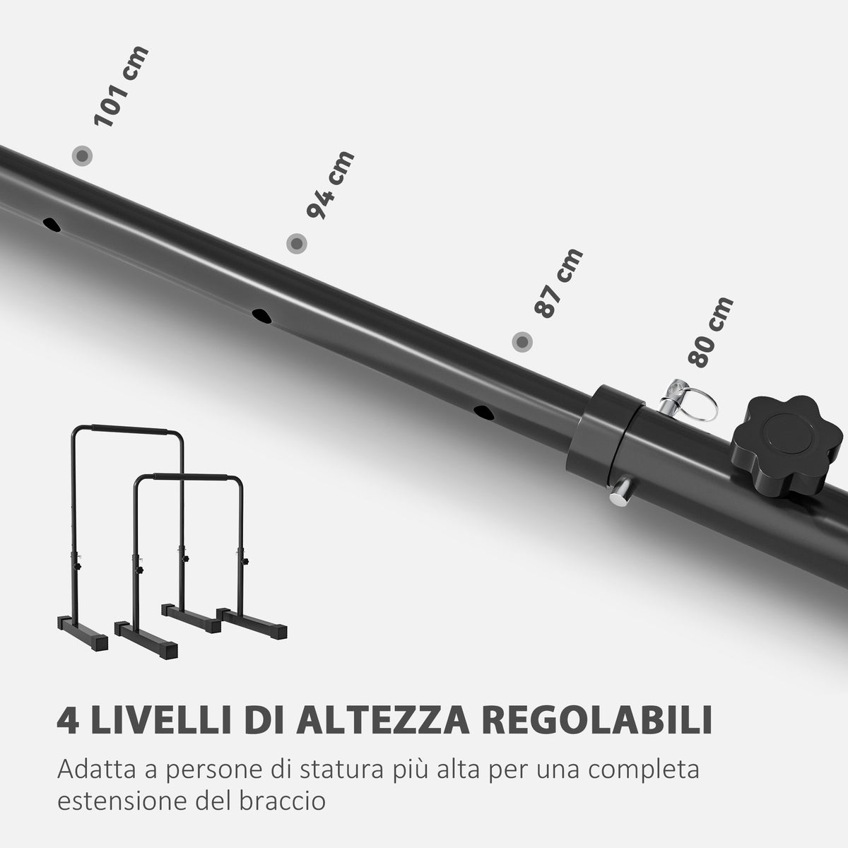 Set 2 Barre per Dip Regolabile su 4 Altezze con Maniglie Antiscivolo in Acciaio, 70x50x80-105 cm, Nero