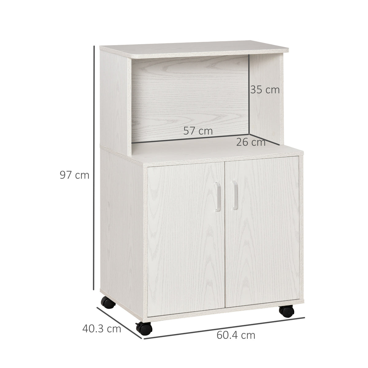 Mobile Cucina Multiuso con Ruote, Armadietto e Ripiano per Microonde, Credenza Alta in Legno Truciolare, 60.4x40.3x97cm Bianco