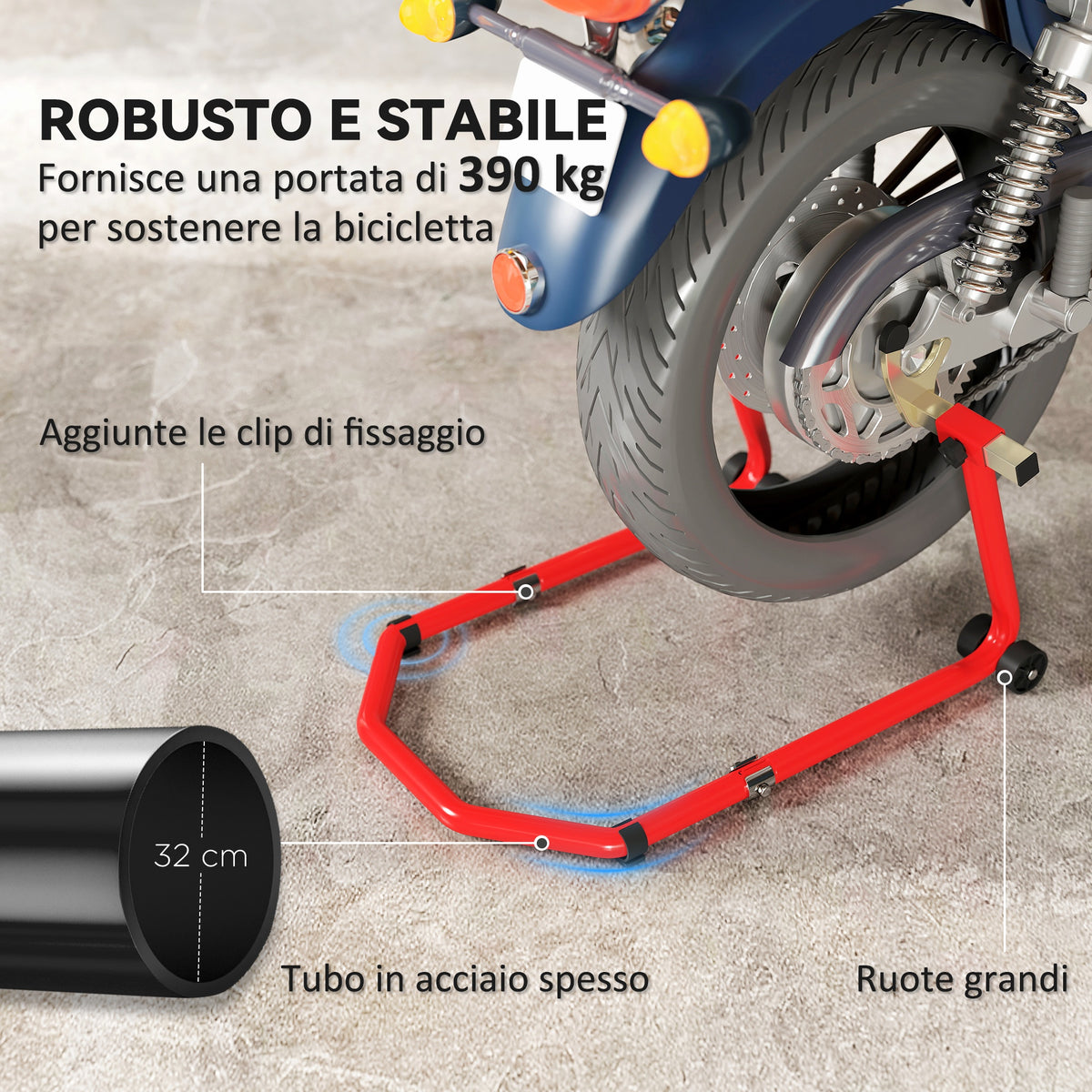 Cavalletto Moto Anteriore e Posteriore con Capacità 390 kg, Forcelle a U e L, Rotelle e Cuscinetti Antiscivolo, Rosso