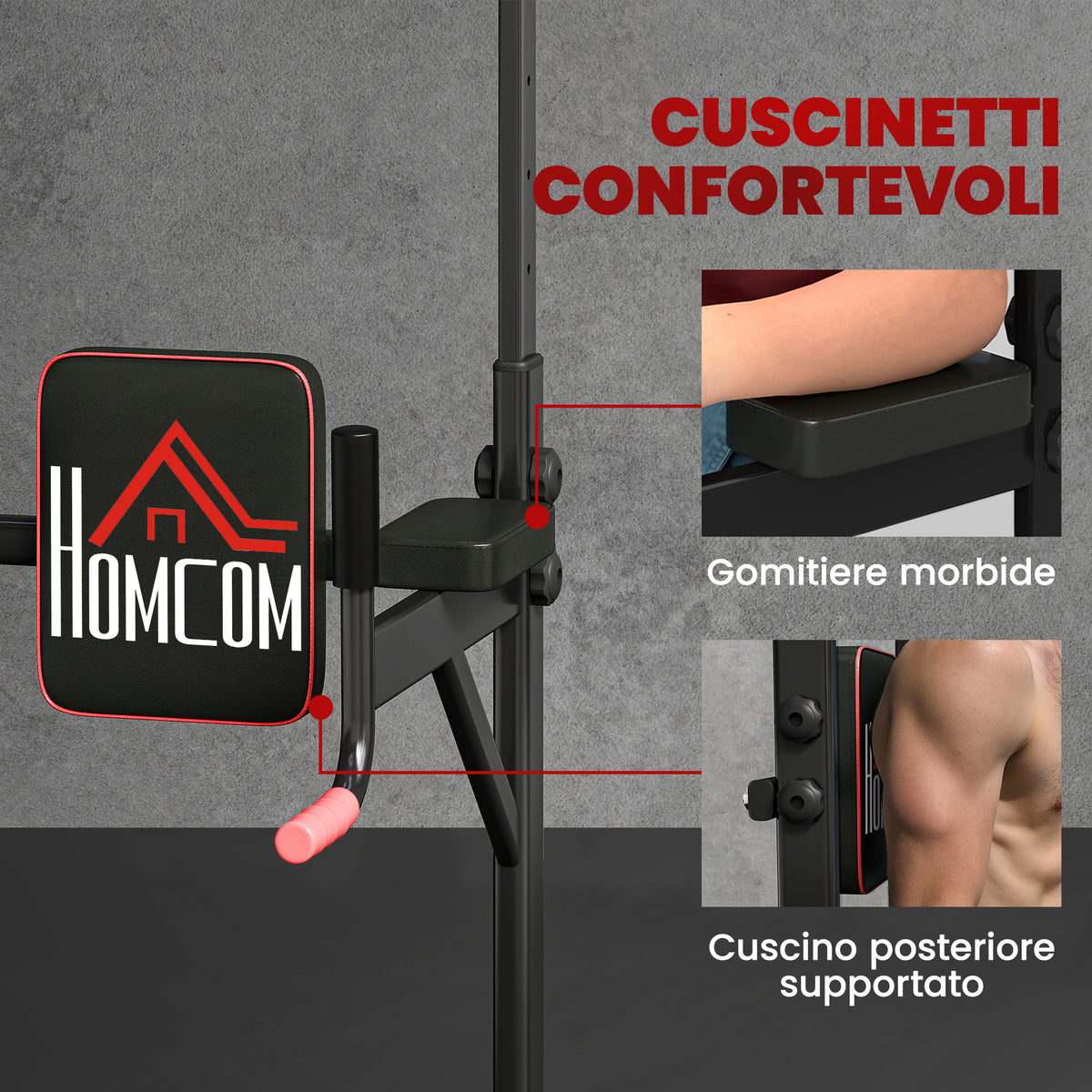 Barra per Trazioni Power Tower Stazione Fitness Multifunzione Regolabile 189-239cm in Acciaio Nero Rosso