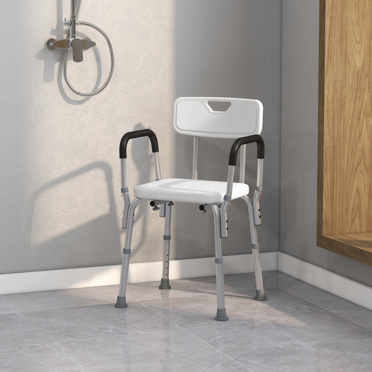Sedia per Doccia in Alluminio con Altezza Regolabile e Piedini Antiscivolo, 51.5x51.5x71-84cm, Bianco