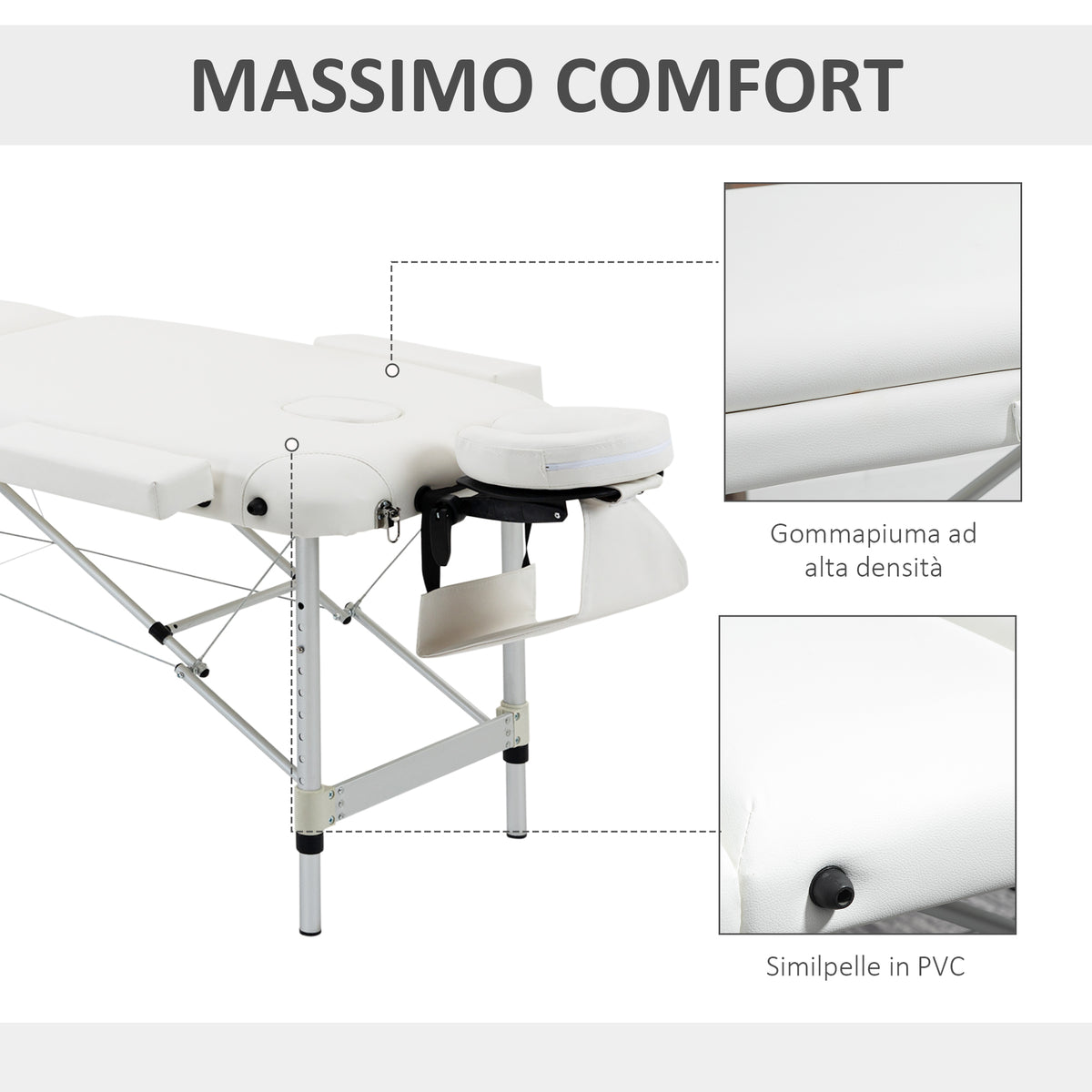 Lettino Massaggi Portatile Pieghevole e Professionale in Alluminio bianco 215x81x61-84cm