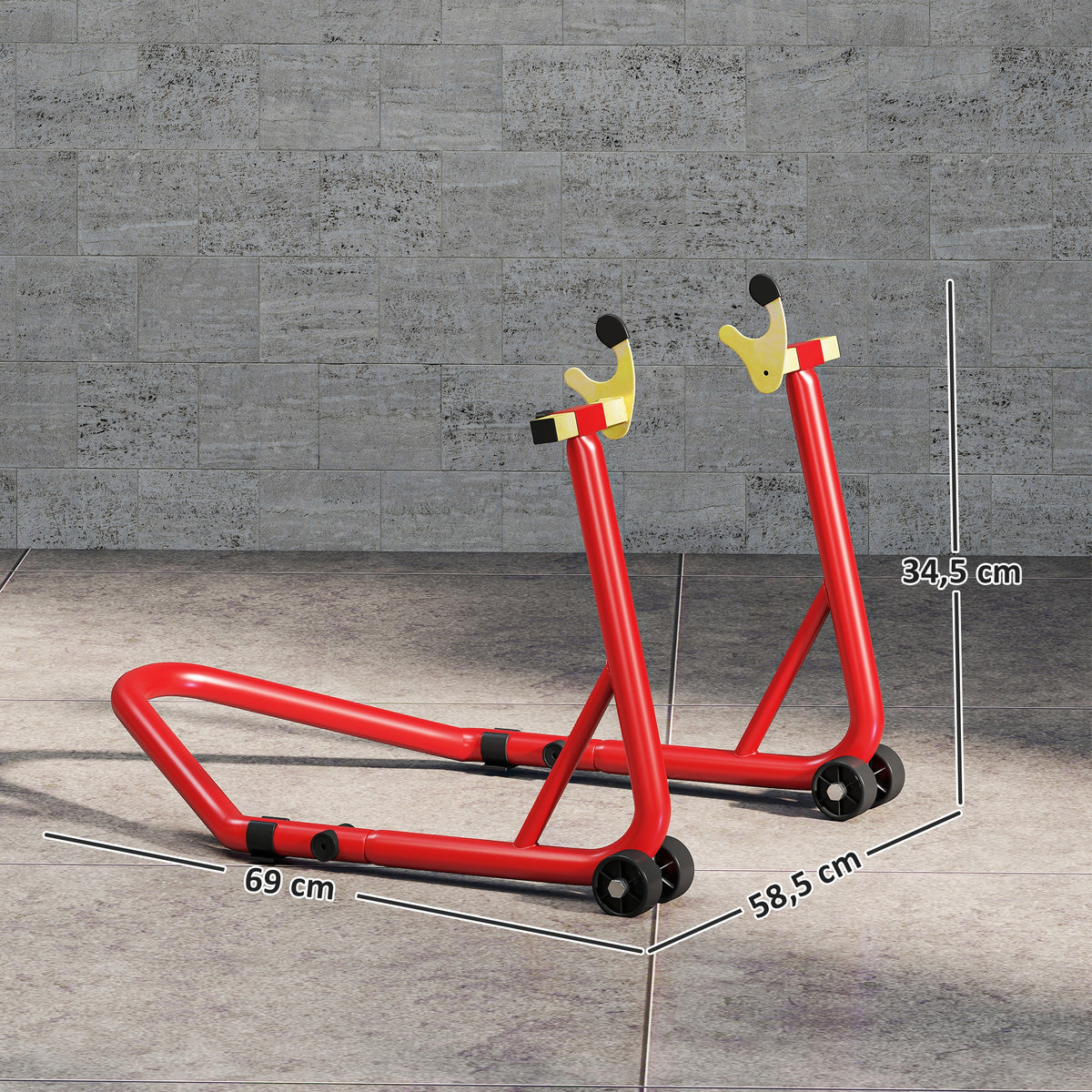Cavalletto per Moto con Capacità di 544 kg, Forcelle Regolabili a U e L, Rotelle e Cuscinetti Antiscivolo, Rosso