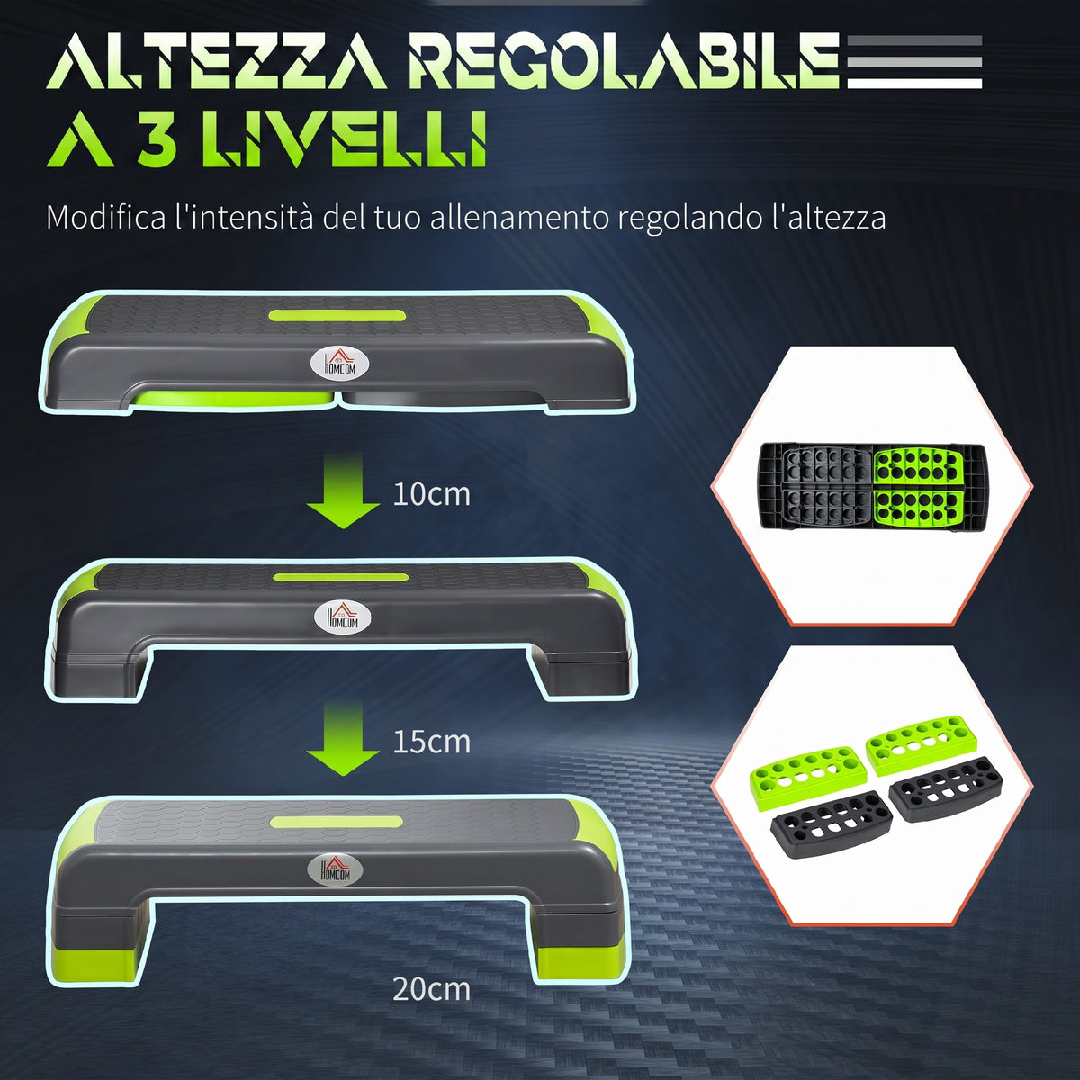 Step Fitness per Aerobica Antiscivolo e Regolabile su 3 Altezze, in PP, 78x28x10/15/20 cm, Verde e Grigio