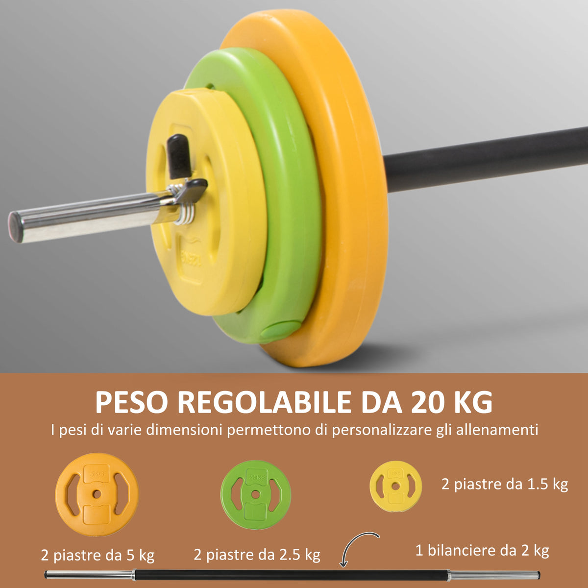 Set Bilanciere e Dischi da 20 kg totali Antiscivolo con 6 Pesi e 2 Clip di Fissaggio, 28x130 cm, Multicolore