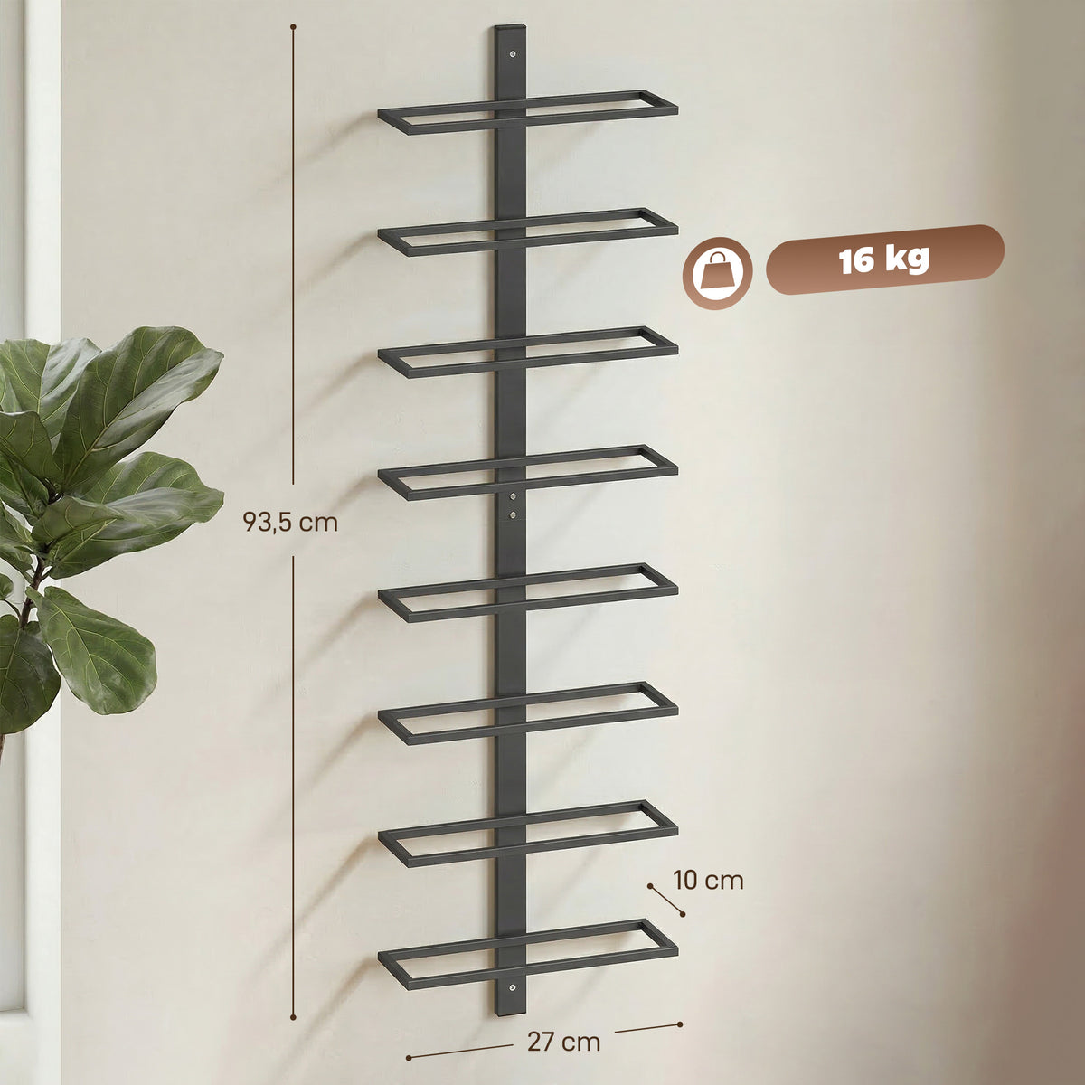 Portabottiglie da Parete in Acciaio per 8 Bottiglie di Vino, Cucina e Sala, 27x10x93.5 cm, Nero
