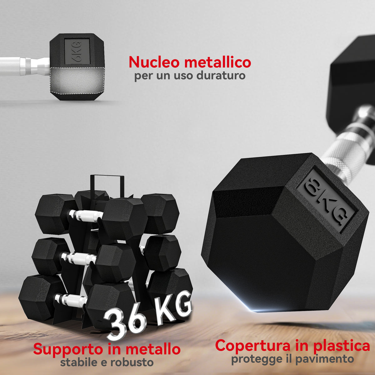 Set di Manubri Palestra con Supporto in Metallo con Impugnatura Antiscivolo, 2x4kg, 2x6kg, 2x8kg, Nero
