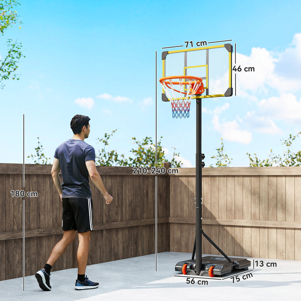 Canestro Basket per Adulti, Altezza Regolabile 2.1-2.4 m, Ruote e Base Riempibile, Giallo
