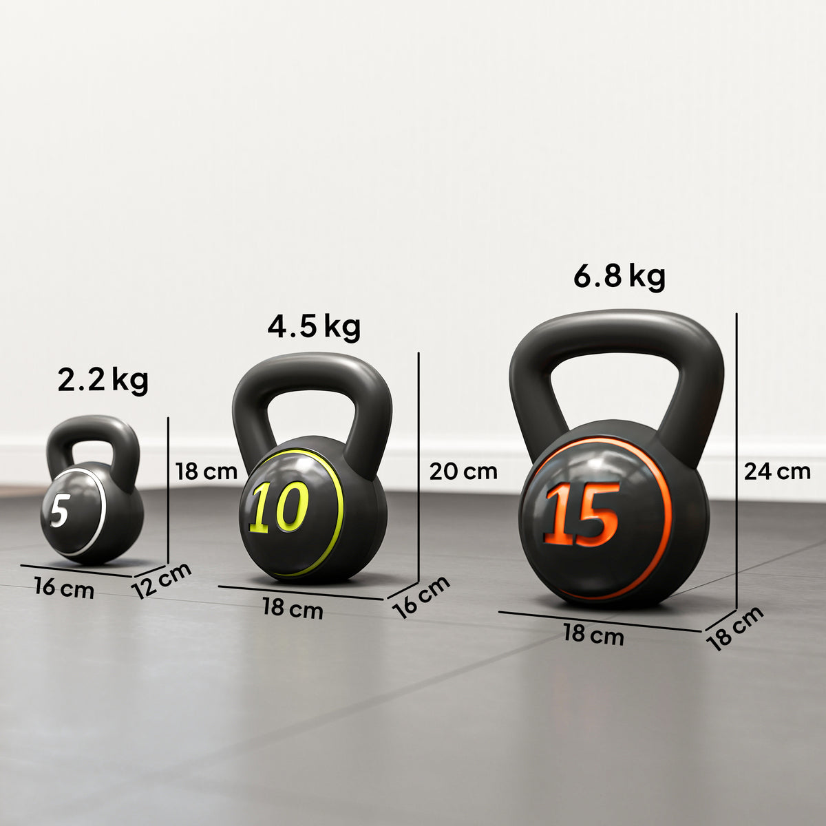 Set 3 Kettlebell da 2.2 kg, 4.5 kg e 6.8 kg con Base Piatta e Portapesi, in Plastica e Sabbia, Nero
