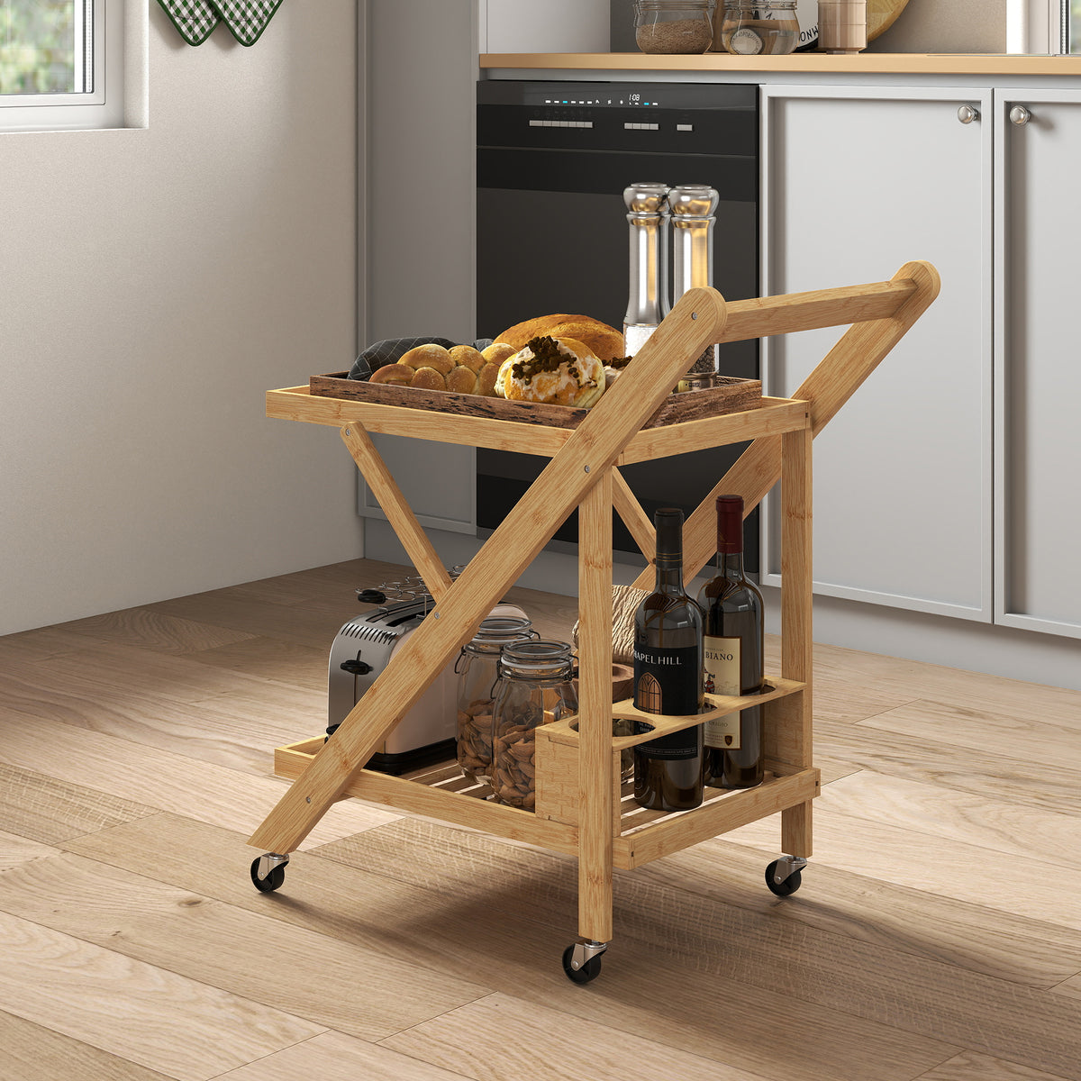 Carrello da Cucina Portavivande Pieghevole a 2 Livelli con Portabottiglie in Legno di Bambù