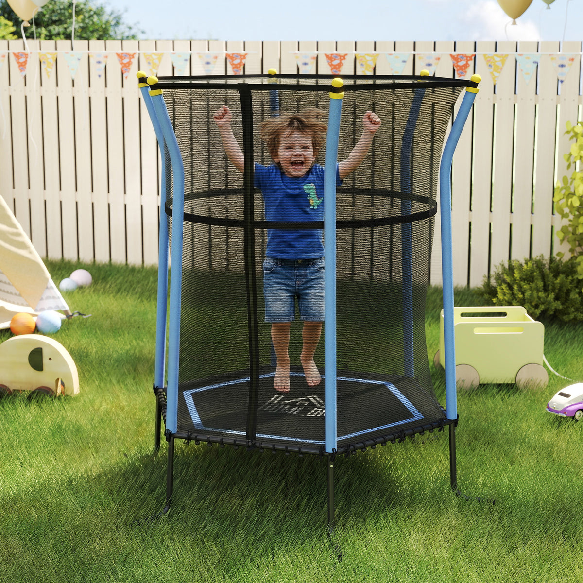 Tappeto Elastico per Bambini con Ingresso a Cerniera e Pali Imbottiti, in Acciaio, PP e EPE, 122x111x190 cm, Blu