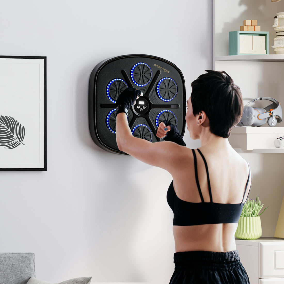 Boxing Machine Musicale a Parete con 9 Velocità, Connessione Bluetooth e Guanti, 41.8x44.6x7.5 cm, Nero e Blu