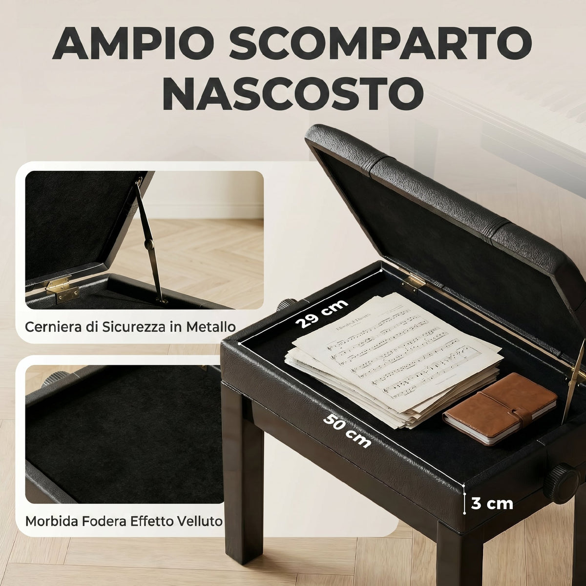 Sgabello per Pianoforte con Altezza Regolabile e Contenitore in Legno e Finta Pelle, 63x35x46-56cm, Nero
