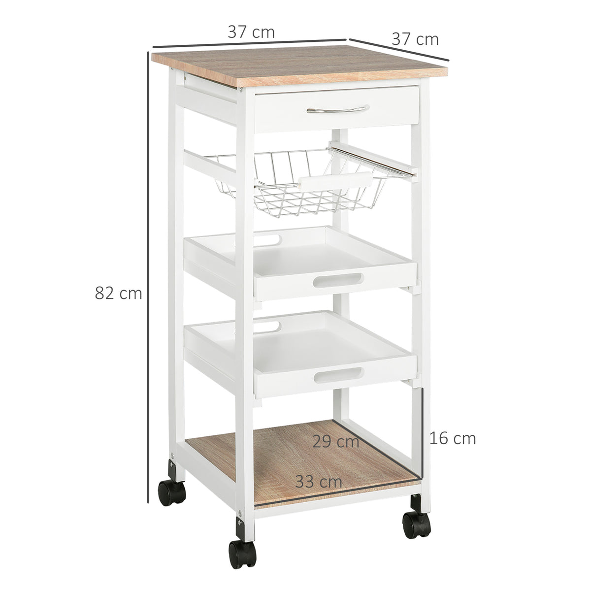 Carrello da Cucina Salvaspazio in Legno di Pino e MDF, Carrello Portaoggetti con Cassetto, Cestello, 2 Vassoi e 4 Ruote Universale, 37x37x82cm, Bianco