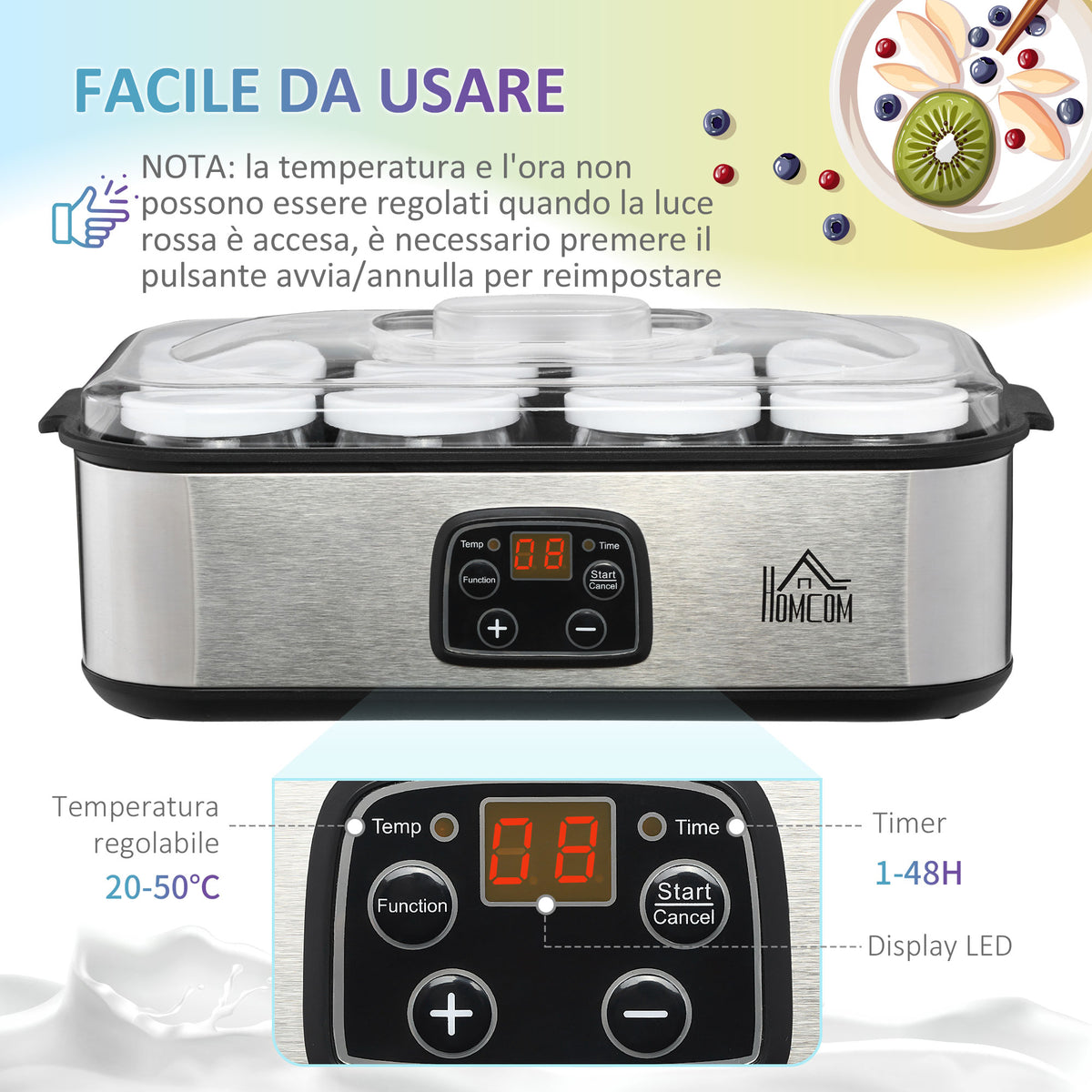 Yogurtiera Elettrica 25W con 8 Vasetti Inclusi, Timer 1-48 Ore e Temperatura Regolabile 20-50C, 36x18.8x14cm, Argento