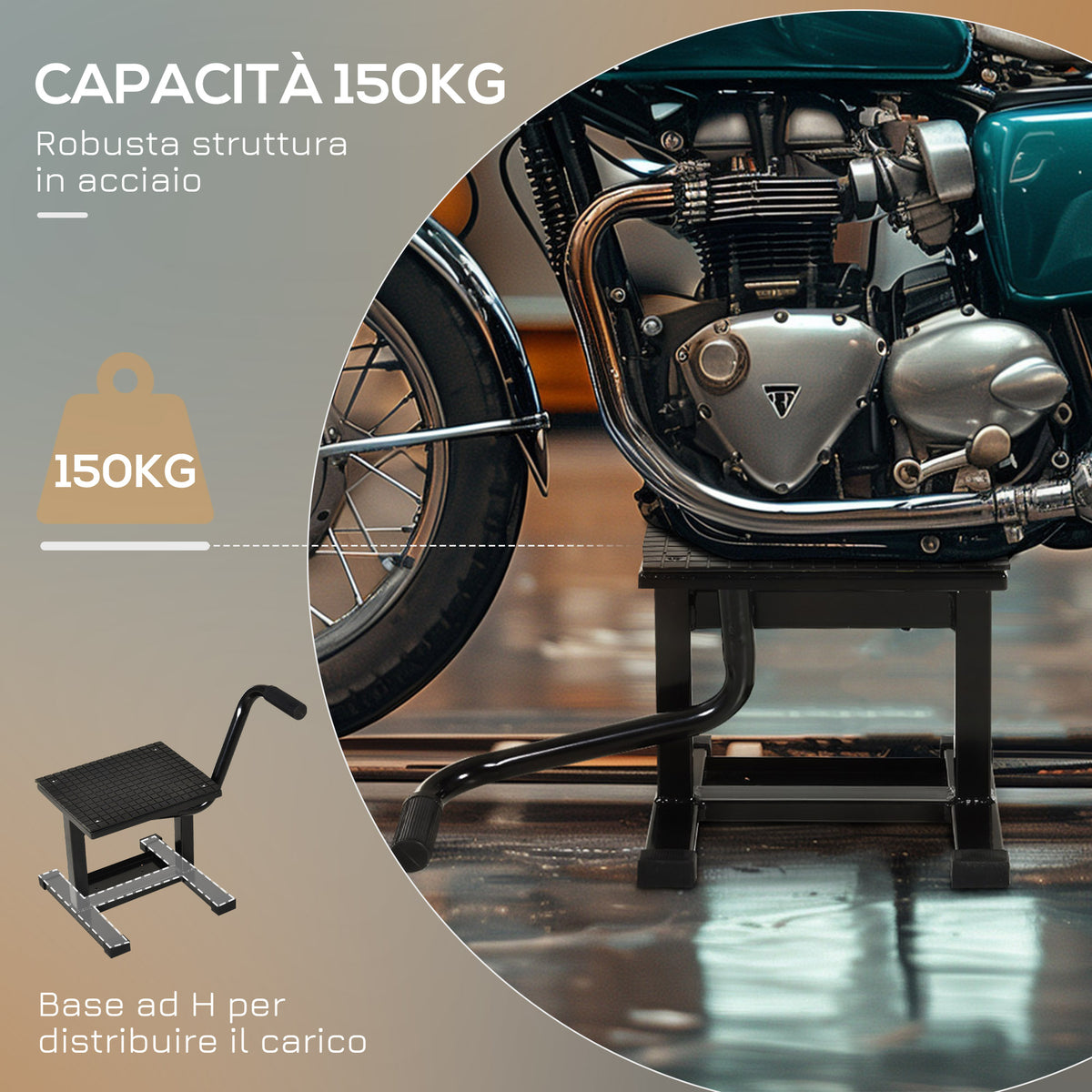 Cavalletto Alzamoto in Acciaio max 150kg con Superficie in Gomma e Manovella, 48x34x43 cm, Nero
