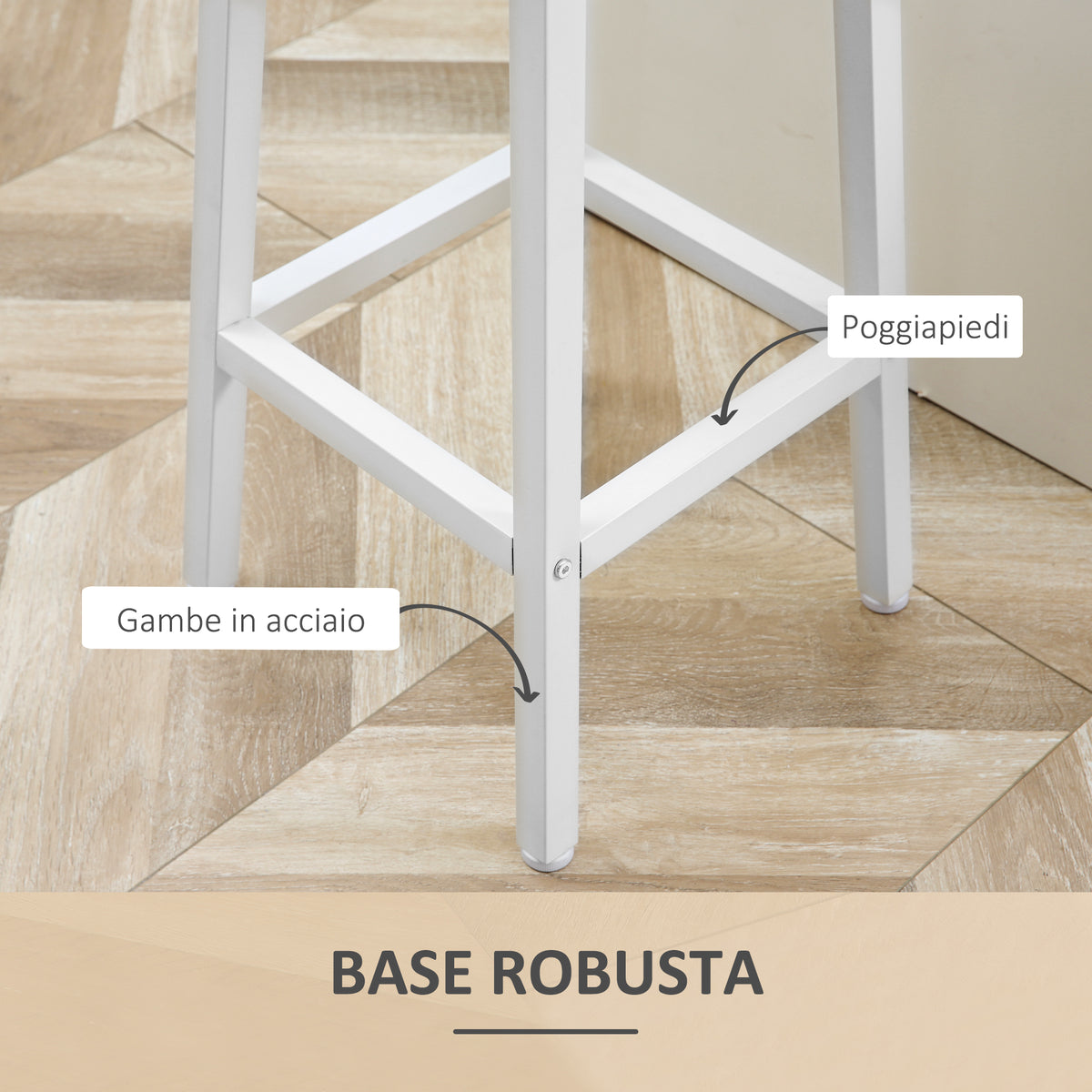Set 2 Sgabelli da Cucina in Truciolato e Acciaio con Piano Liscio e Poggiapiedi, 32.5x32.5x65 cm, Bianco e Legno