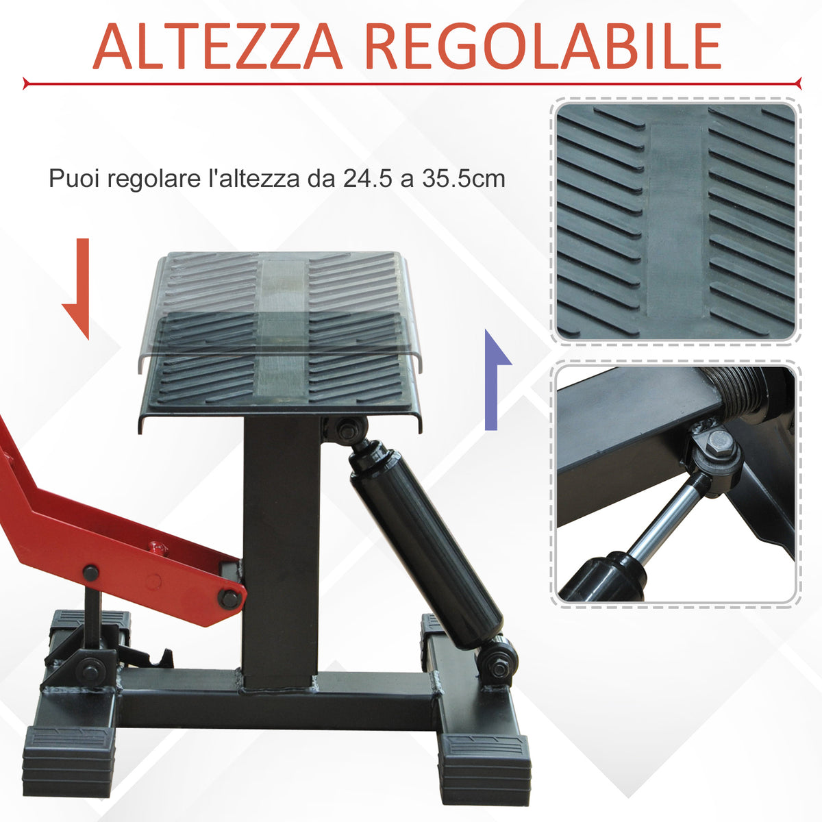 Cavalletto Alzamoto ad Altezza Regolabile con Manovella, in Acciaio e Gomma, 28x17.5x24.5-35.5 cm, Nero e Rosso