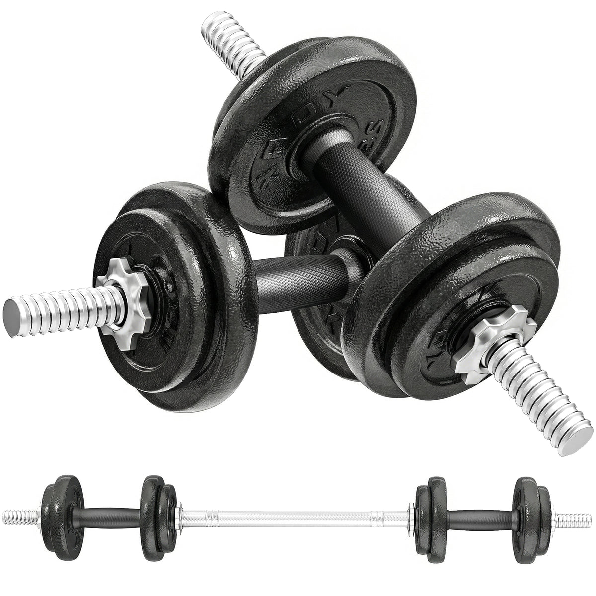 Set Pesi e Bilanciere da 20kg con Impugnature Antiscivolo, 8 Dischi Pesi, Barra Bilanciere e 2 Barre Manubri in Acciaio