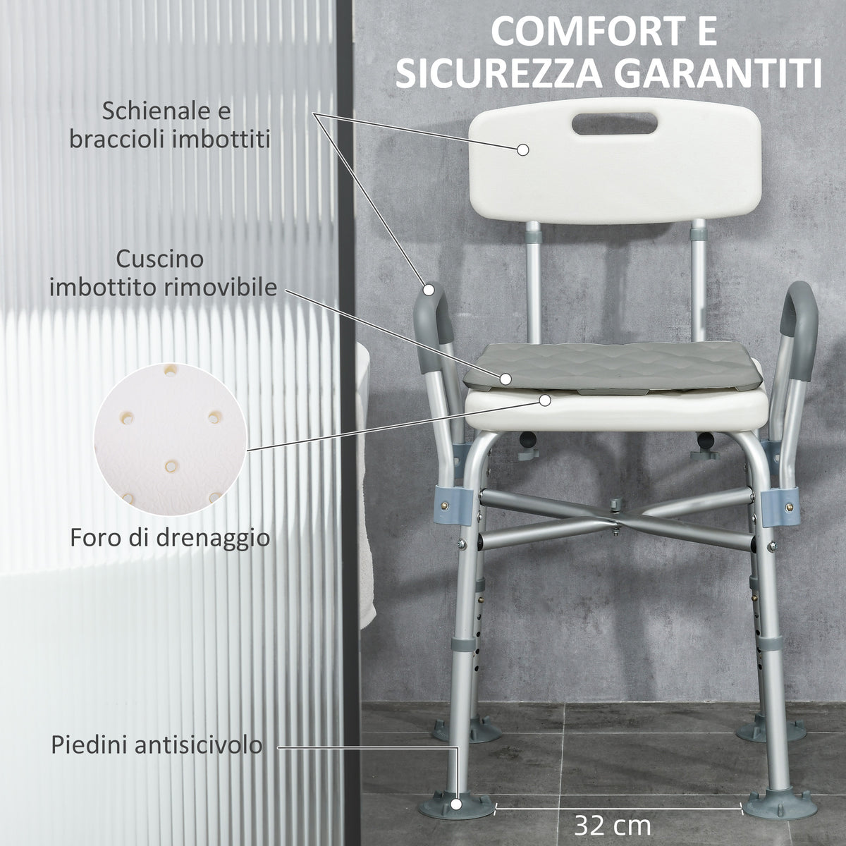 Sedia Doccia ad Altezza Regolabile con Braccioli e Cuscino Rimovibile 53.5x52x80-90 cm, Bianca