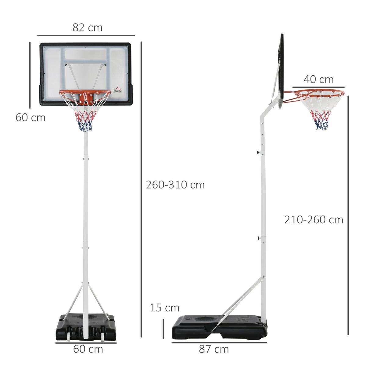 Canestro Basket per Adulti con Tabellone in PVC Regolabile 210-260cm Ruote Integrate Bianco