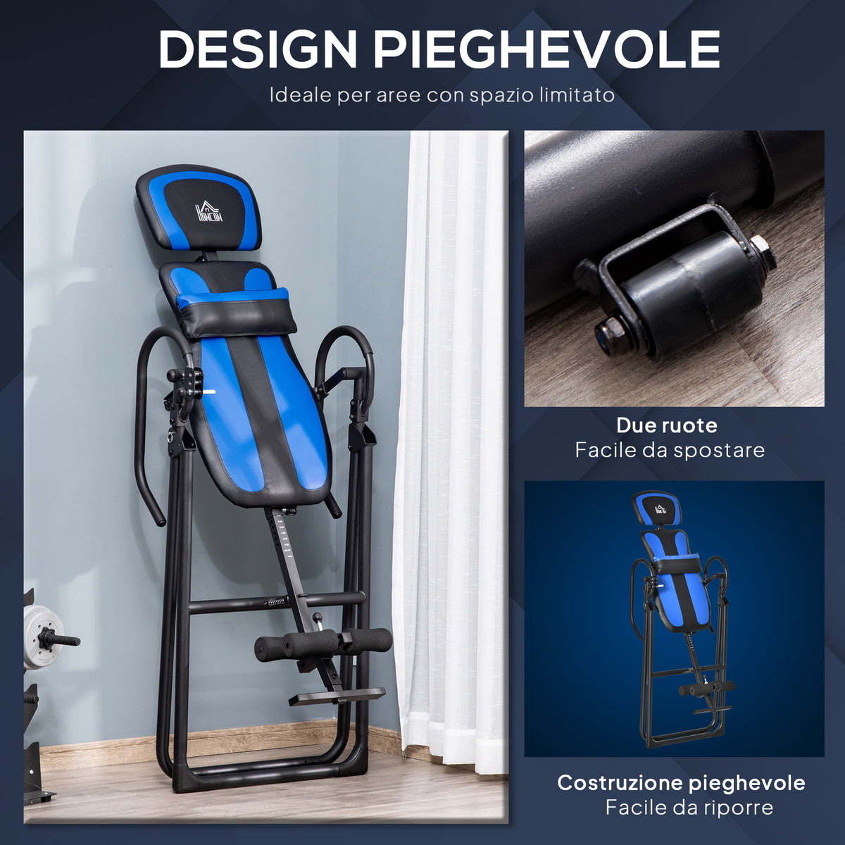 Panca a Inversione Gravitazionale Pieghevole con Lunghezza Regolabile da 140-203 cm e Ruote, Nero e Blu