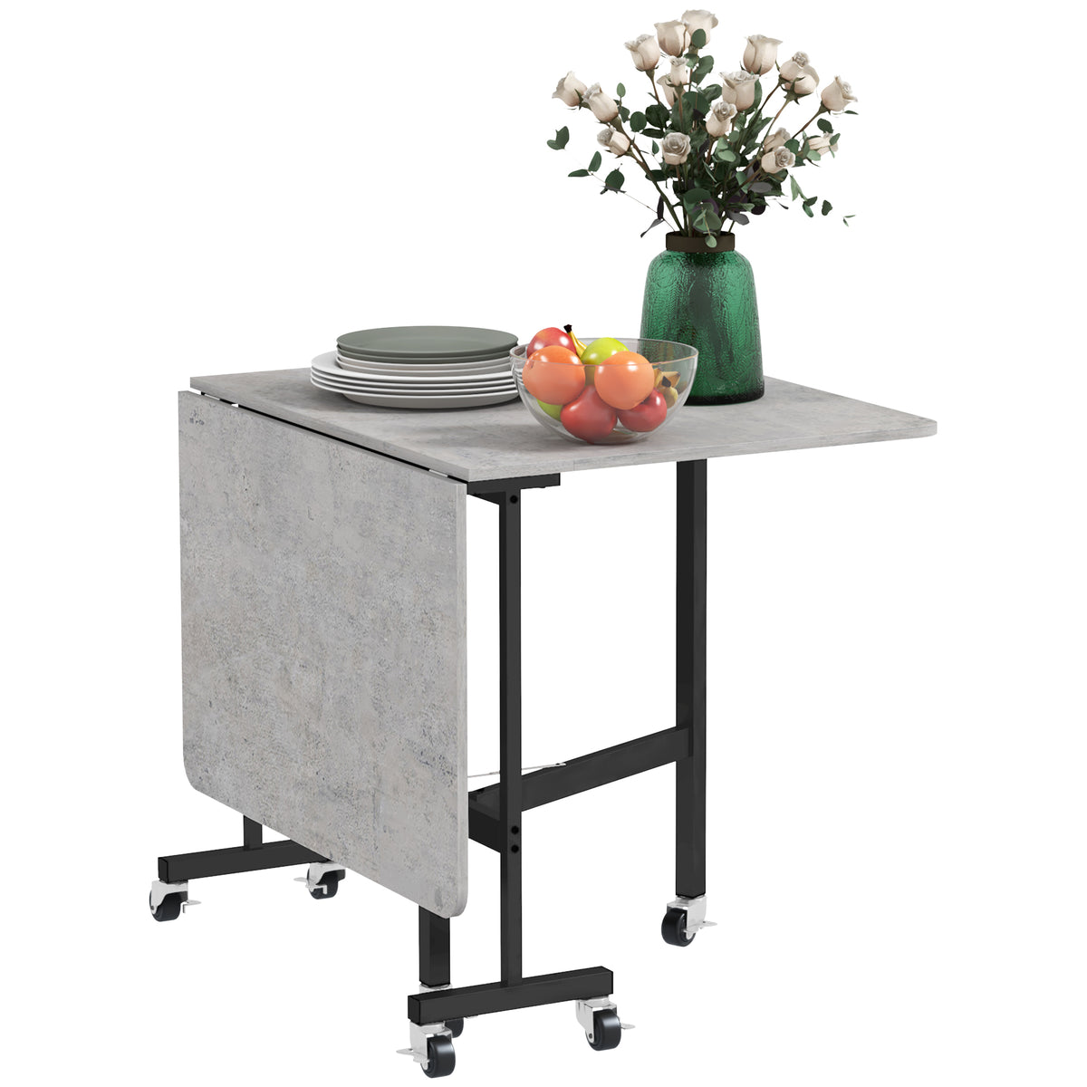Tavolo Pieghevole a Ribalta per 4-6 Persone con 6 Rotelle, in Legno e Acciaio, 120x80x73 cm, Grigio