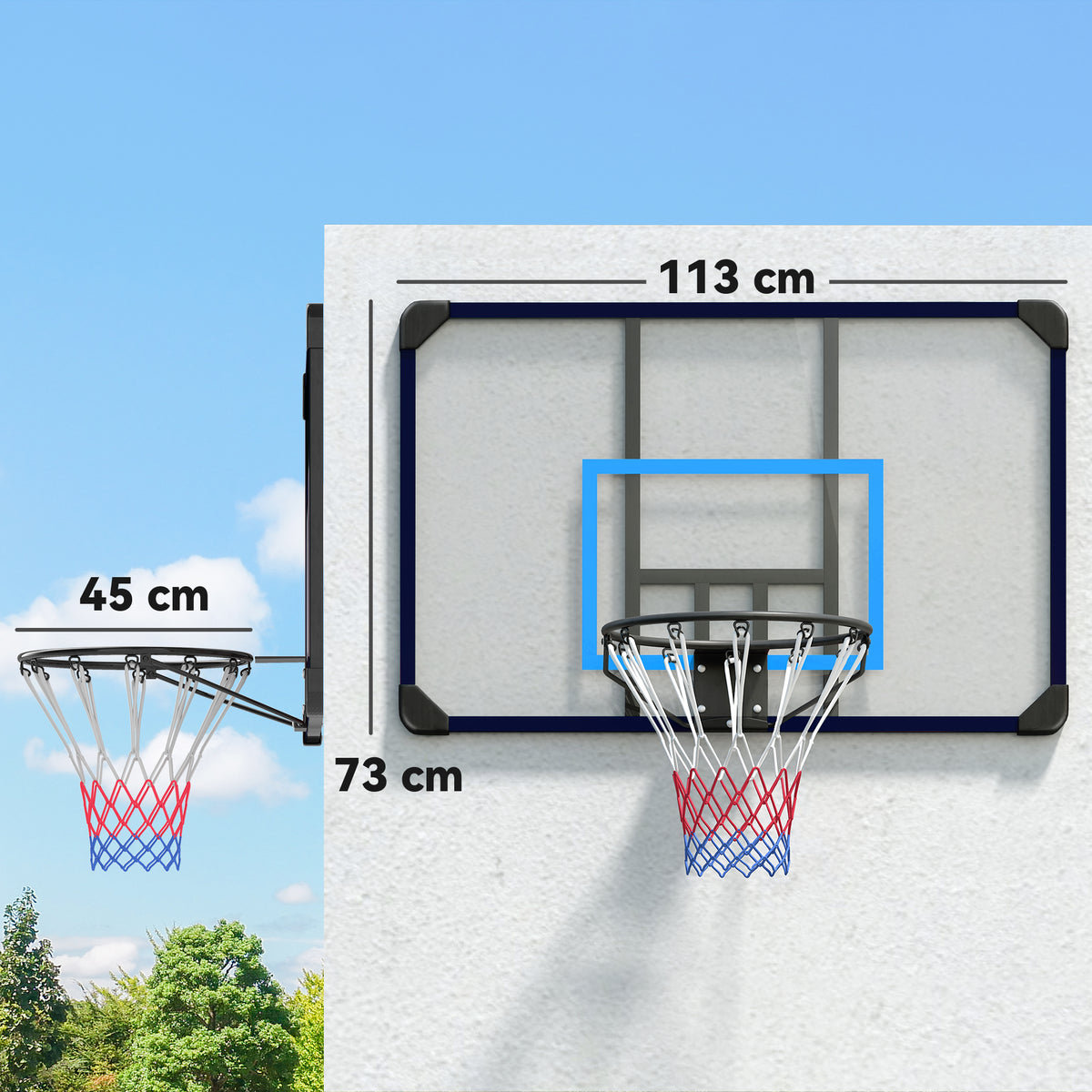 Canestro Basket da Muro con Tabellone Infrangibile e Cerchio in Acciaio, 113x61x73 cm