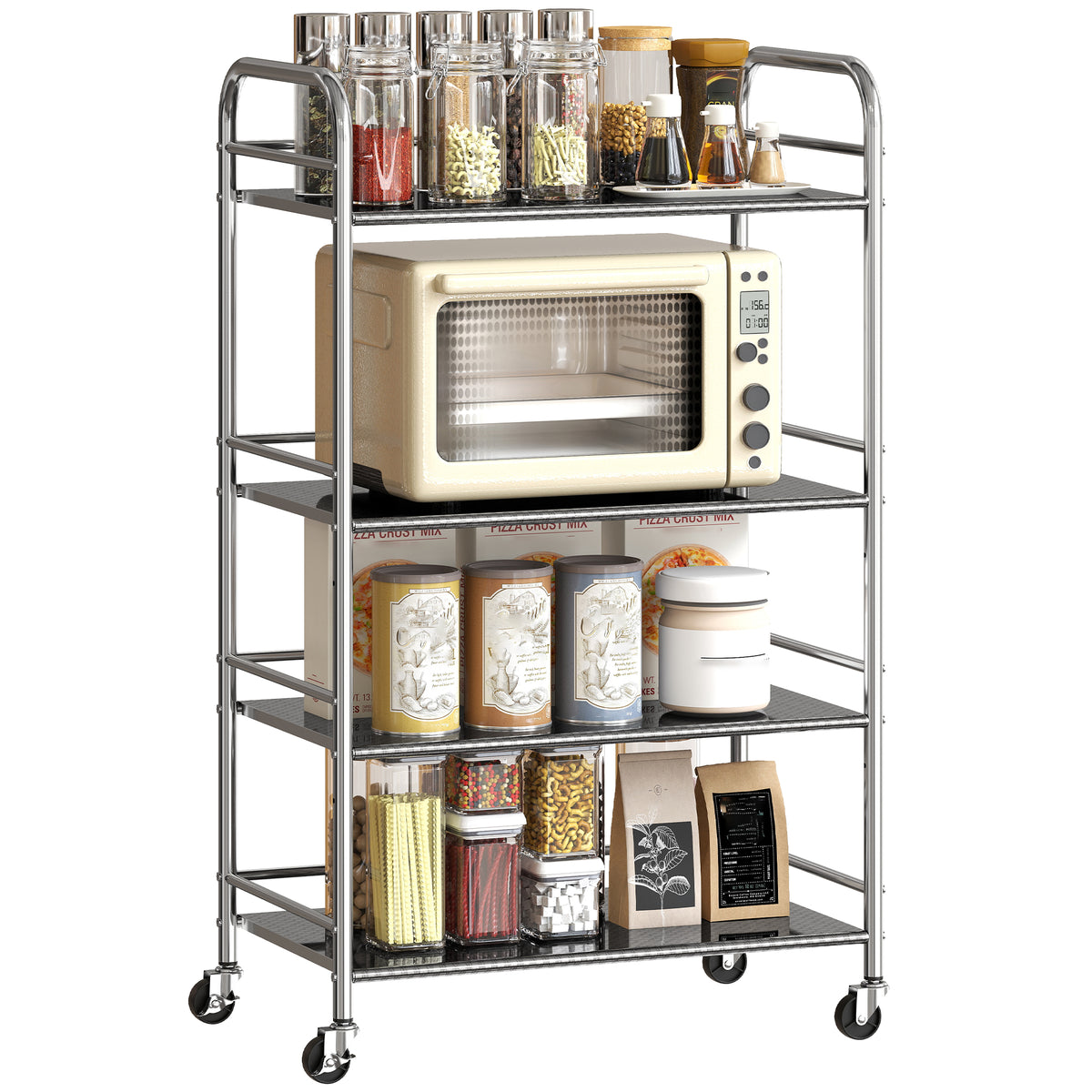 Carrello Multiuso a 4 Livelli con 2 Ripiani Regolabili e Bordi Rialzati, in Acciaio Inox, 60x35x100 cm