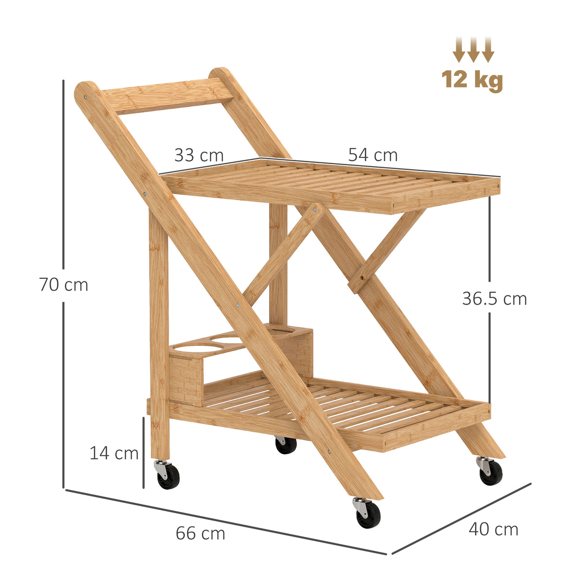 Carrello da Cucina Portavivande Pieghevole a 2 Livelli con Portabottiglie in Legno di Bambù
