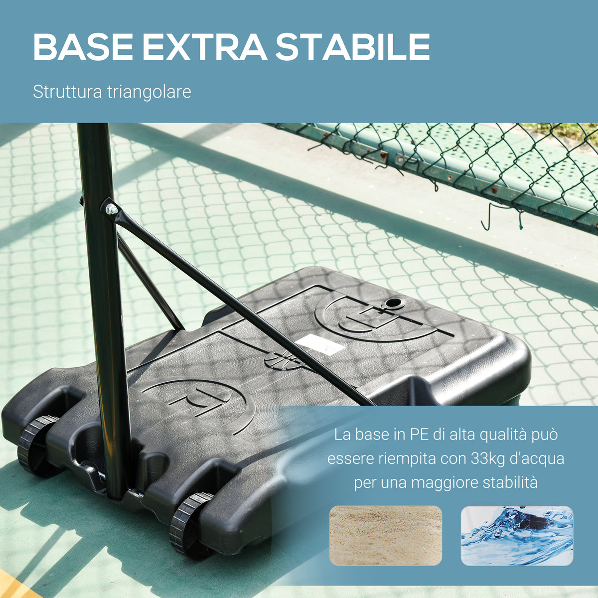 Canestro Basket da Interno ed Esterno Portatile con Altezza Regolabile 5 Livelli 175-215cm, Canestro da Basket con Ruote, Struttura Metallo e Base Riempibile, Tabellone PE